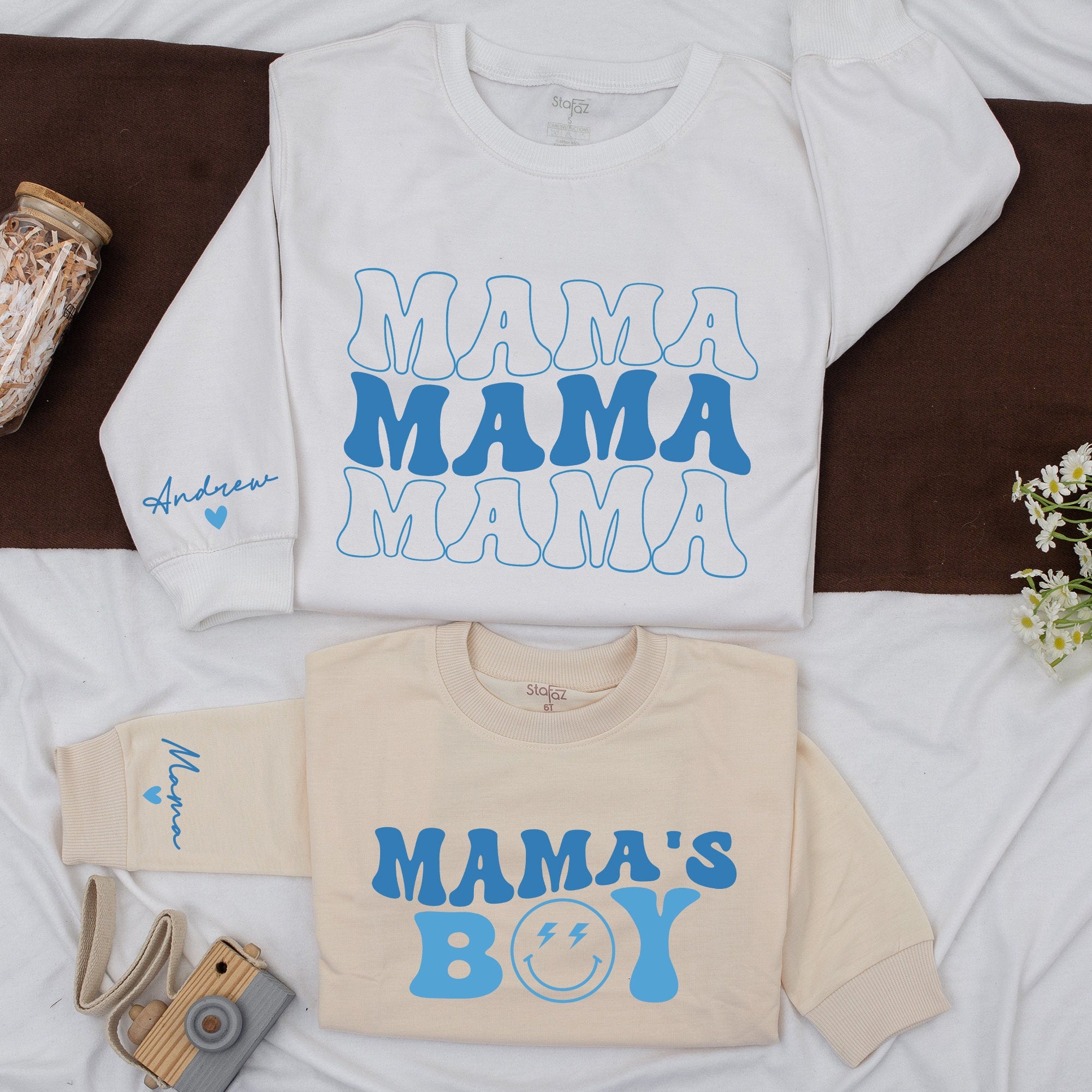 Retro Mama and Mama's Boy Matching Sweatshirts Fun Vintage Font Blue Family Outfit Custom Names Soft Cotton Gift for Mom Toddler Boy