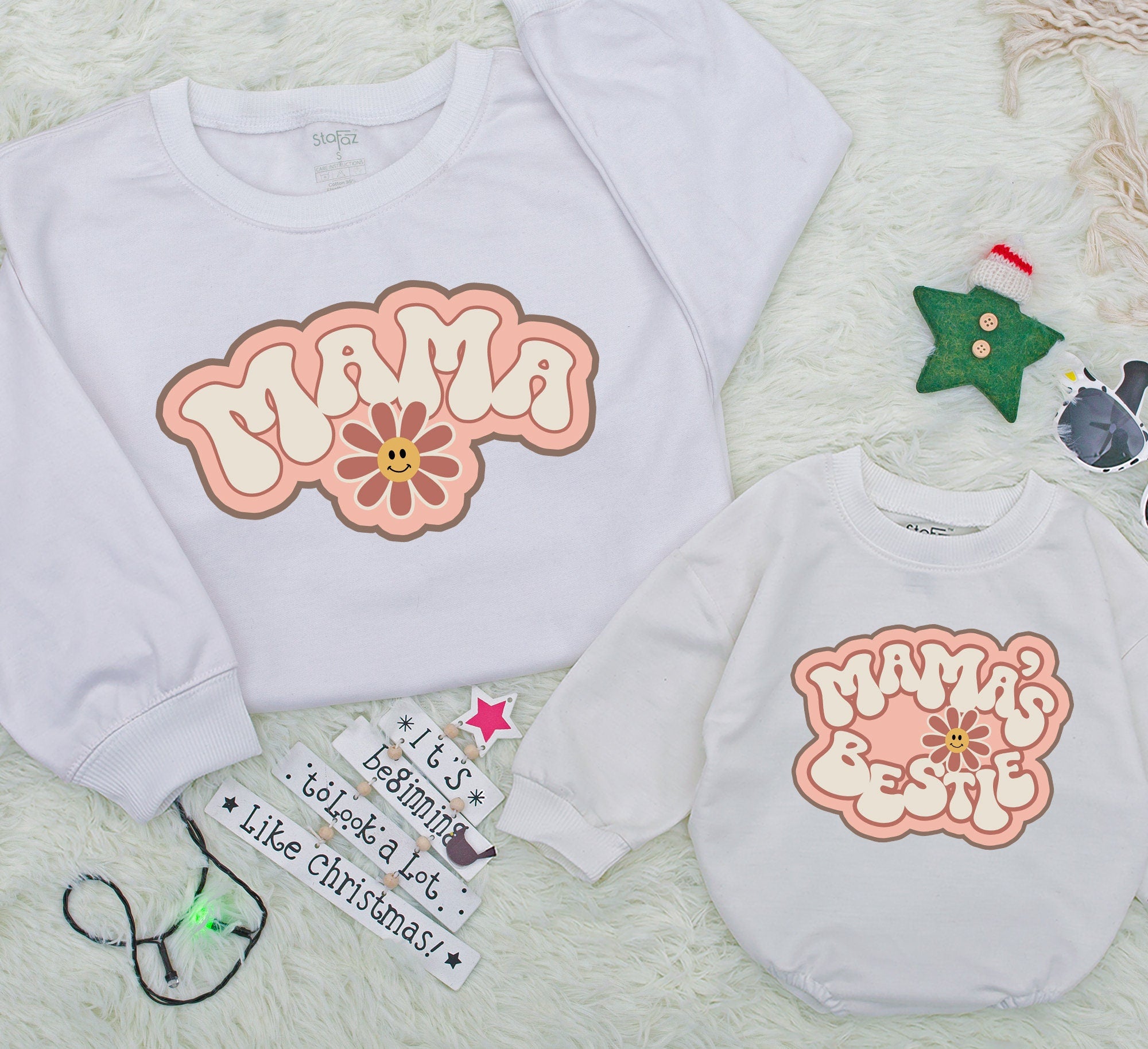 Personalized Mama and Me Retro Sweatshirts Groovy Flower Design Matching Mother Daughter Pink Nostalgic Gift Cotton Soft Comfort