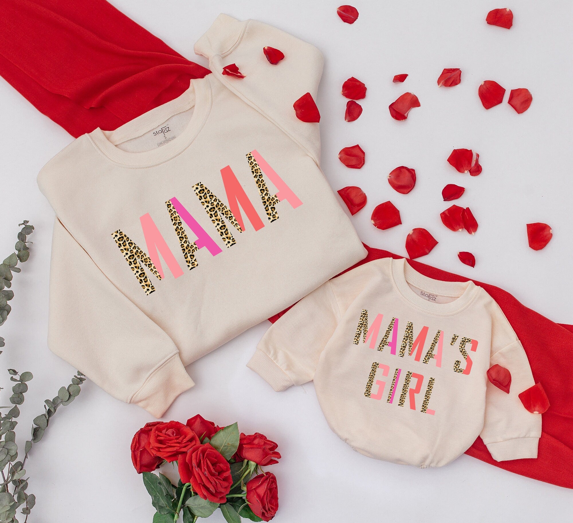 Personalized Mama and Mama's Girl Matching Leopard Print Sweatshirts Retro Pink Orange Family Outfit Custom Names Gift