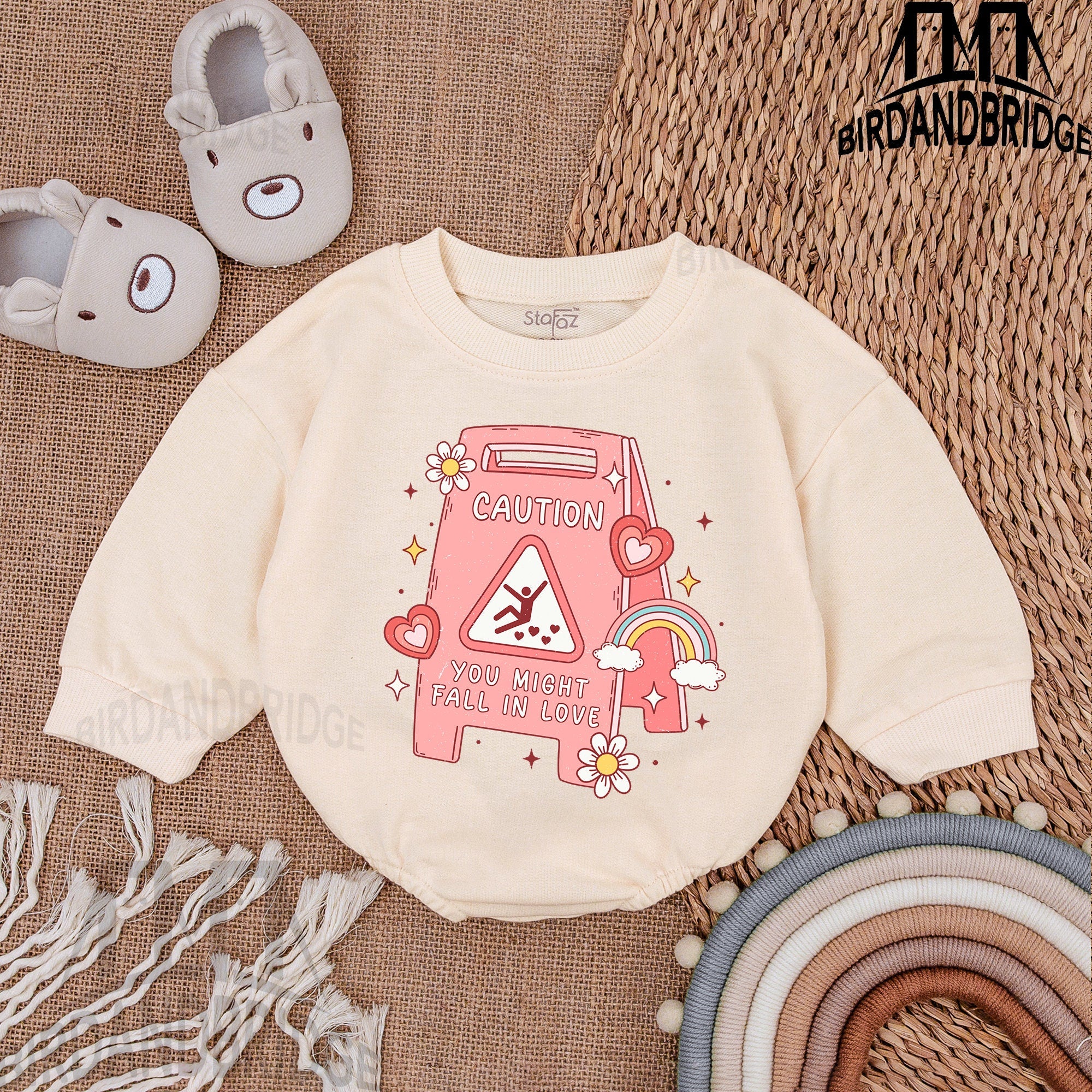 Whimsical Pink Caution Romper Baby Sweatshirt Outfit Soft Cotton Valentine Design Hearts Stars Newborn Boy Girl Gift Holiday