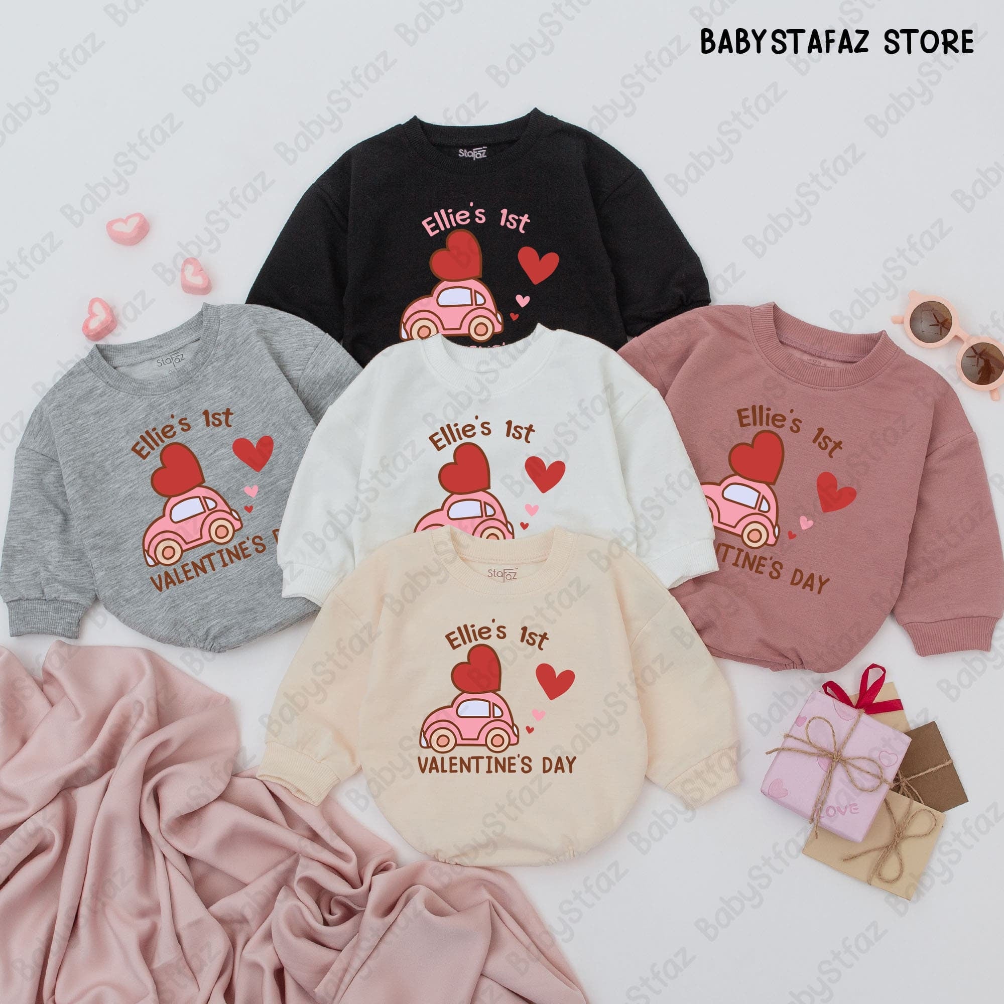 Ellie's 1st Valentine's Day Baby Romper with Cute Car and Heart Design Personalized Infant Outfit Soft Cotton Gift