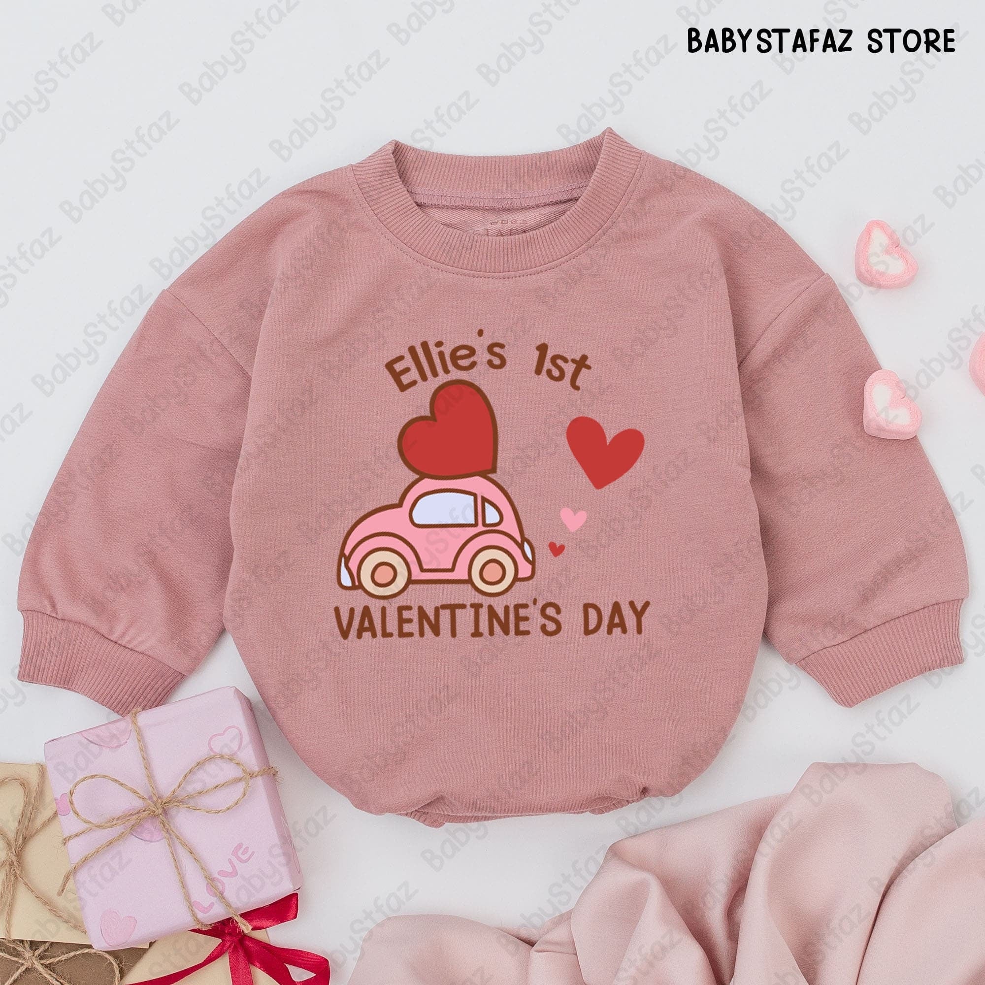 Ellie's 1st Valentine's Day Baby Romper with Cute Car and Heart Design Personalized Infant Outfit Soft Cotton Gift