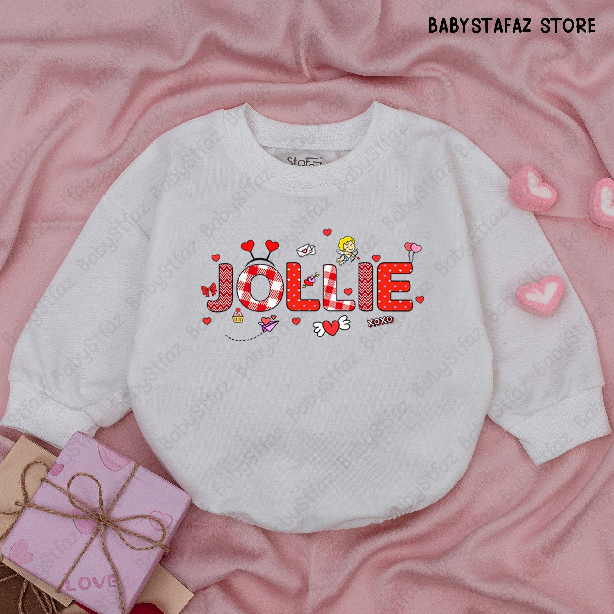 Custom Valentine Baby Romper Cheerful JOLLIE Design Heart Polka Dot Personalized Outfit Infant Toddler Girl Holiday Gift Red Pink White