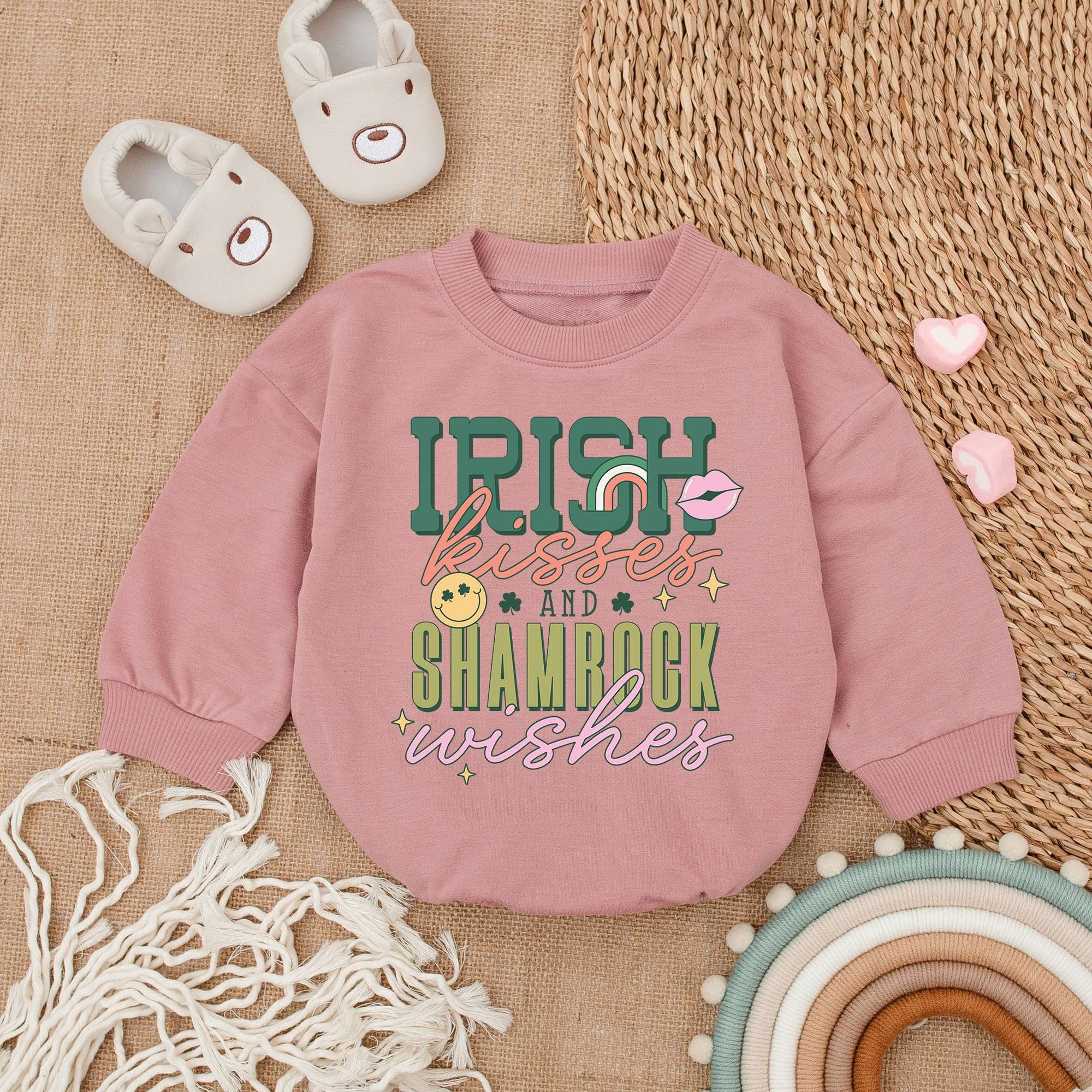 Irish Kisses Shamrock Wishes Baby Romper St Patrick's Day Outfit Light Mauve Infant Bodysuit Newborn Holiday Clothes Cotton Soft