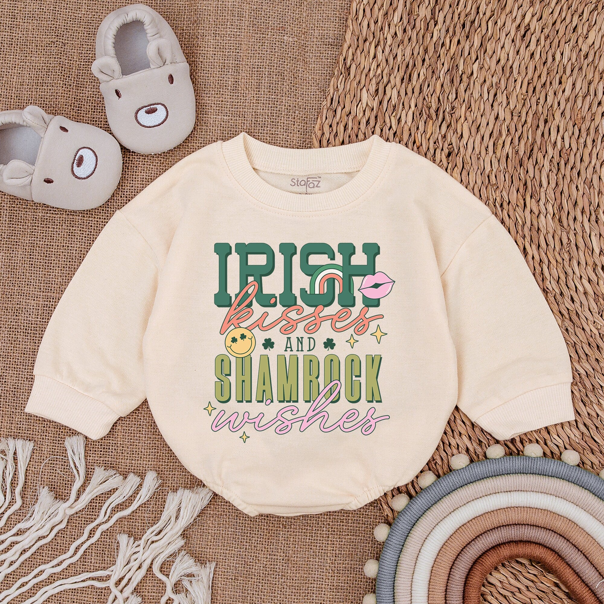Irish Kisses Shamrock Wishes Baby Romper St Patrick's Day Outfit Light Mauve Infant Bodysuit Newborn Holiday Clothes Cotton Soft