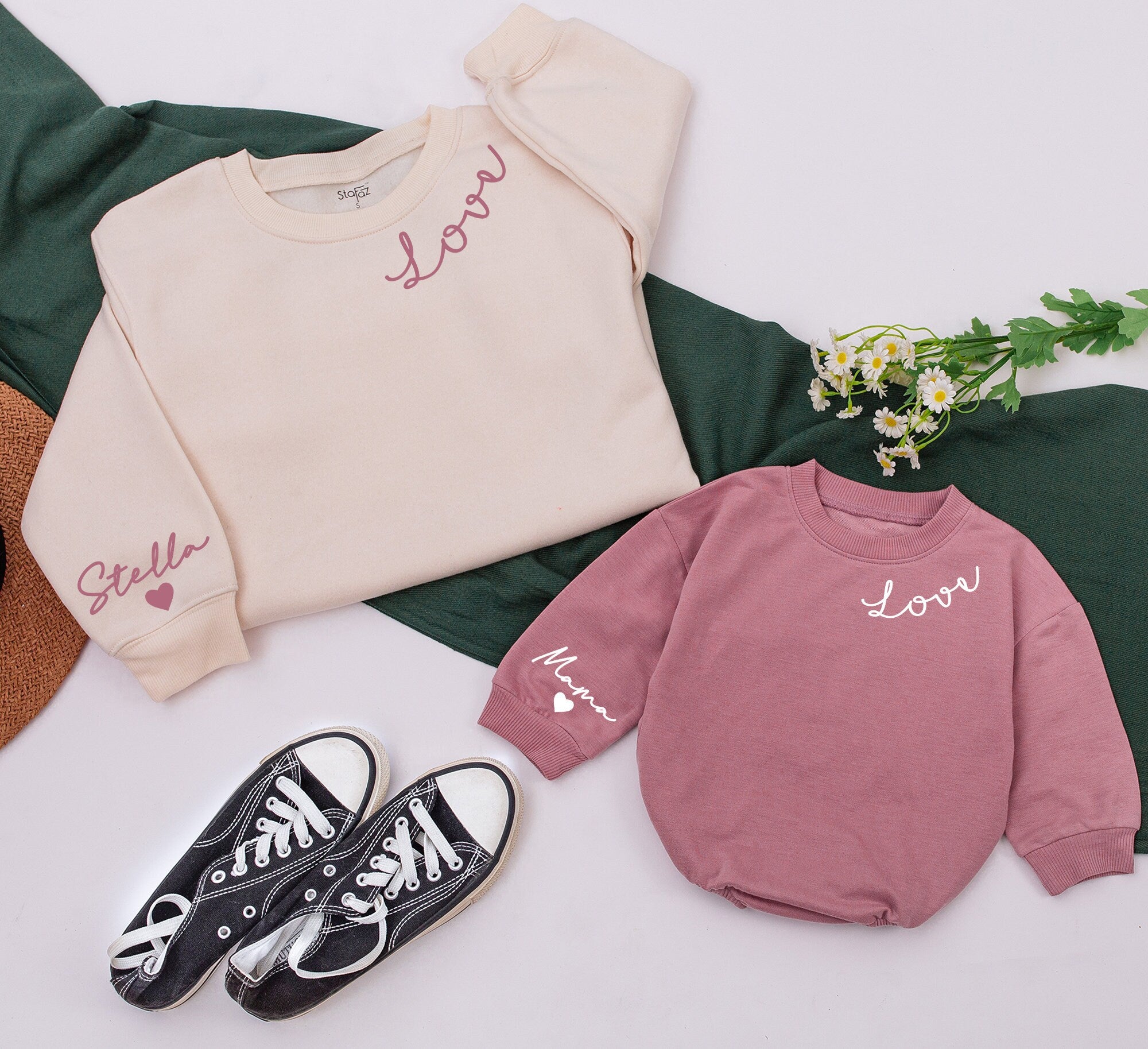 Personalized Mommy and Me Valentine's Sweatshirts Love Script Design Custom Names Soft Cotton Cute Matching Set for Mom and Stella