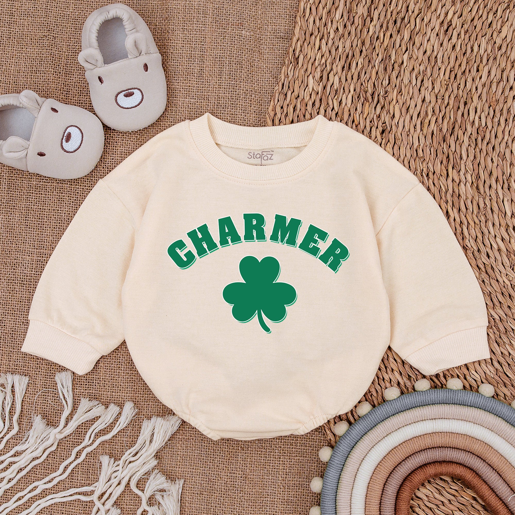 Charmer Baby Romper in Light Mauve with Green Shamrock St Patrick's Day Infant Outfit Soft Cotton Newborn Holiday Bodysuit