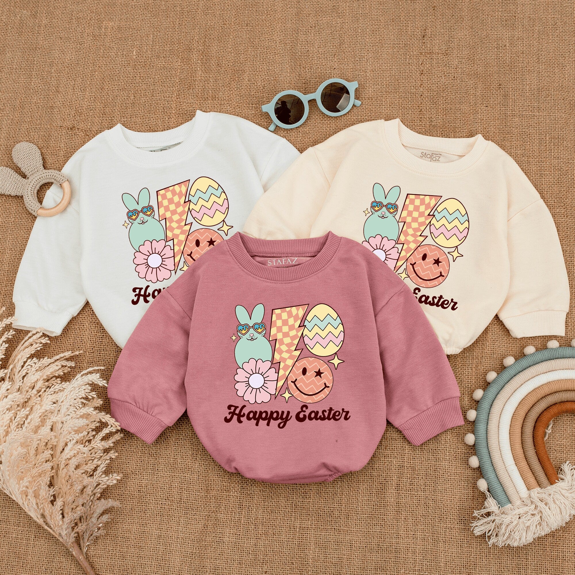 Happy Easter Baby Romper with Bunny and Eggs