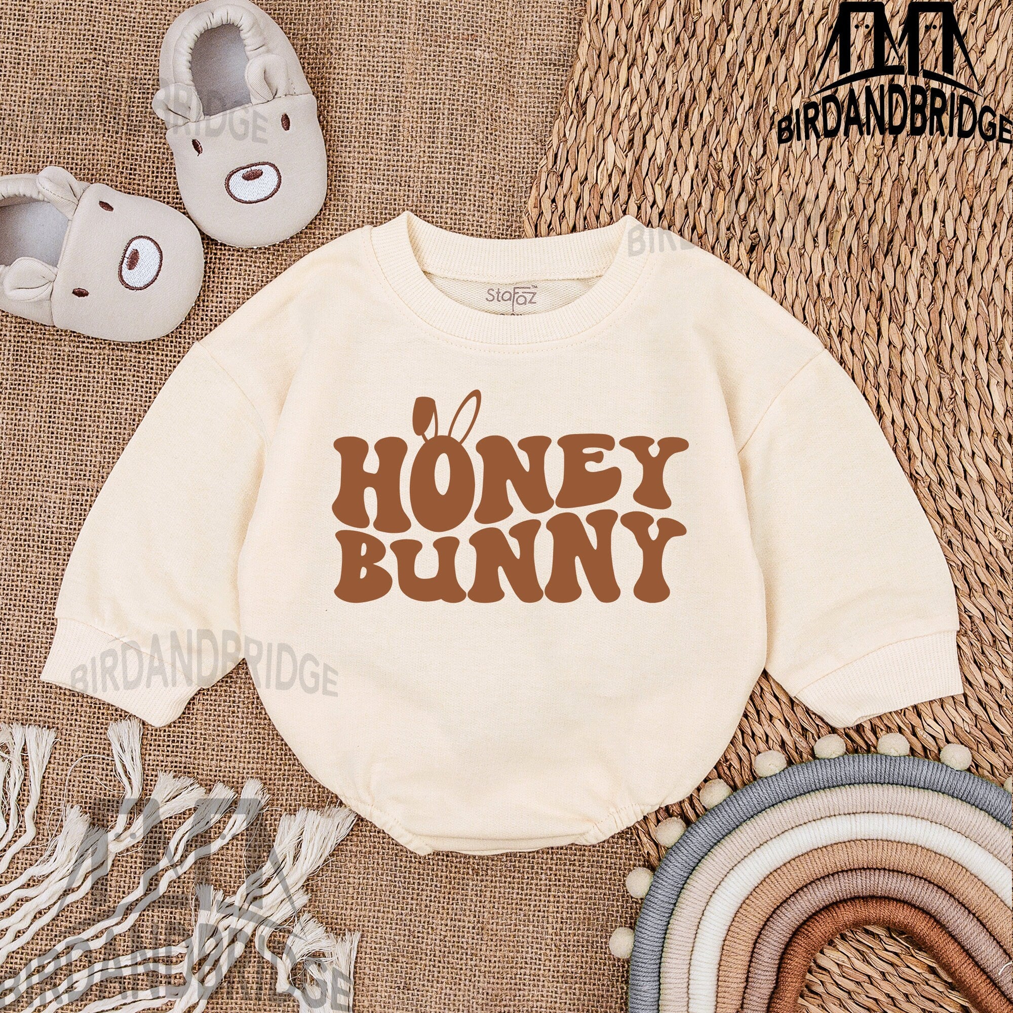 Honey Bunny Baby Boy Romper Cute Easter Outfit Soft Cotton Sweatshirt Newborn Infant Clothes Playful Brown Graphic Design 140 Characters