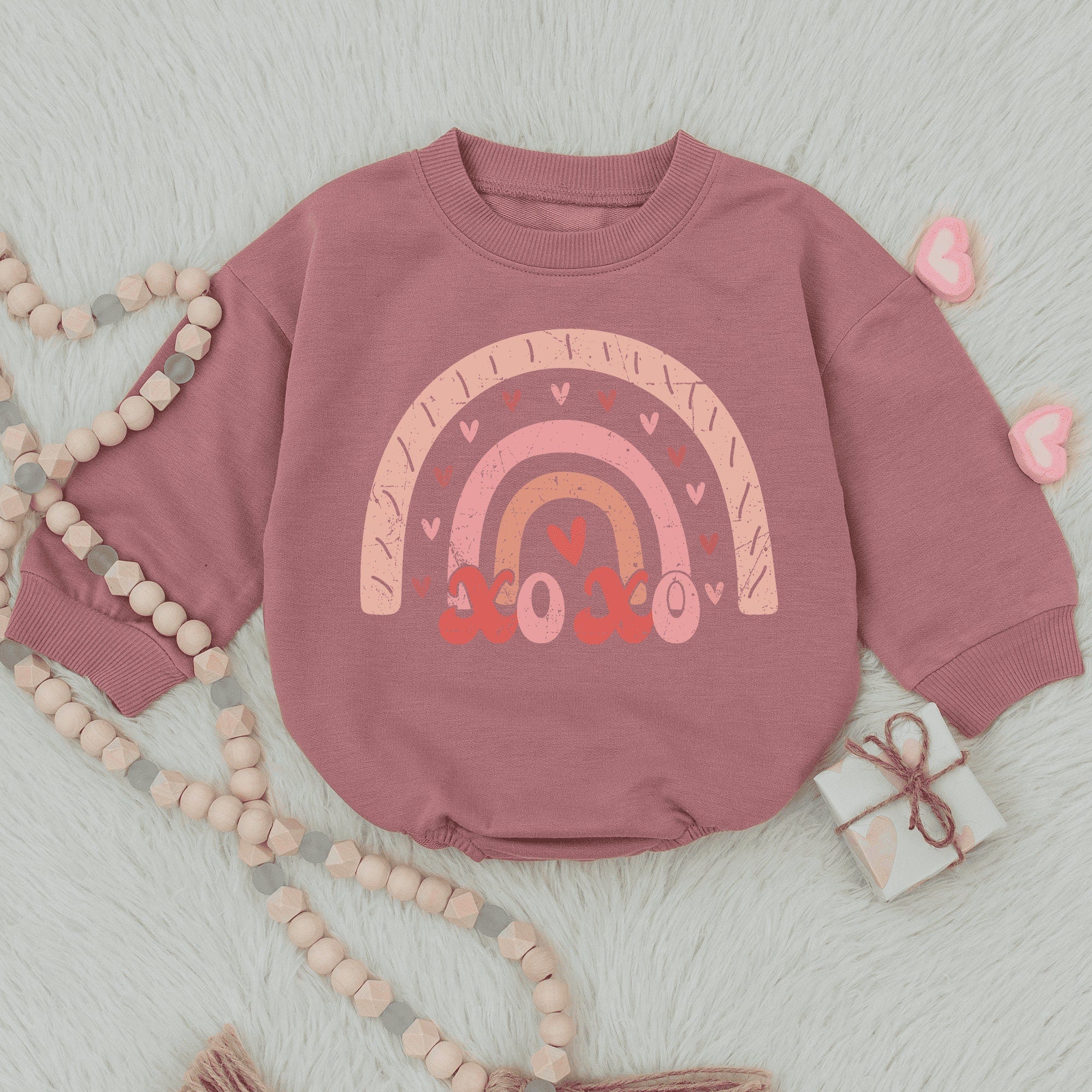 Sweet Pastel Rainbow Xoxo Baby Romper Valentine's Day Outfit for Girls Soft Heart Design First Valentine's Gift