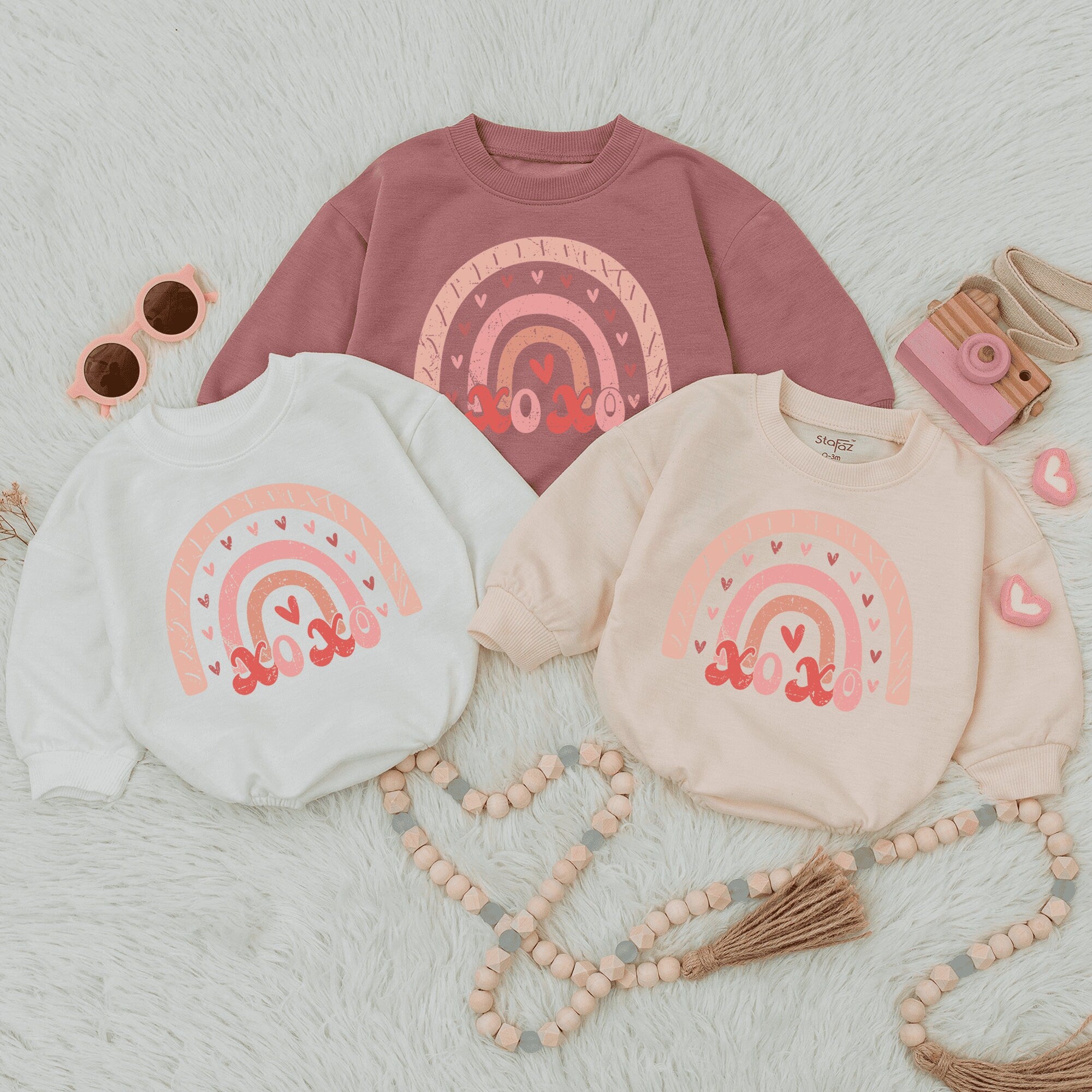 Sweet Pastel Rainbow Xoxo Baby Romper Valentine's Day Outfit for Girls Soft Heart Design First Valentine's Gift