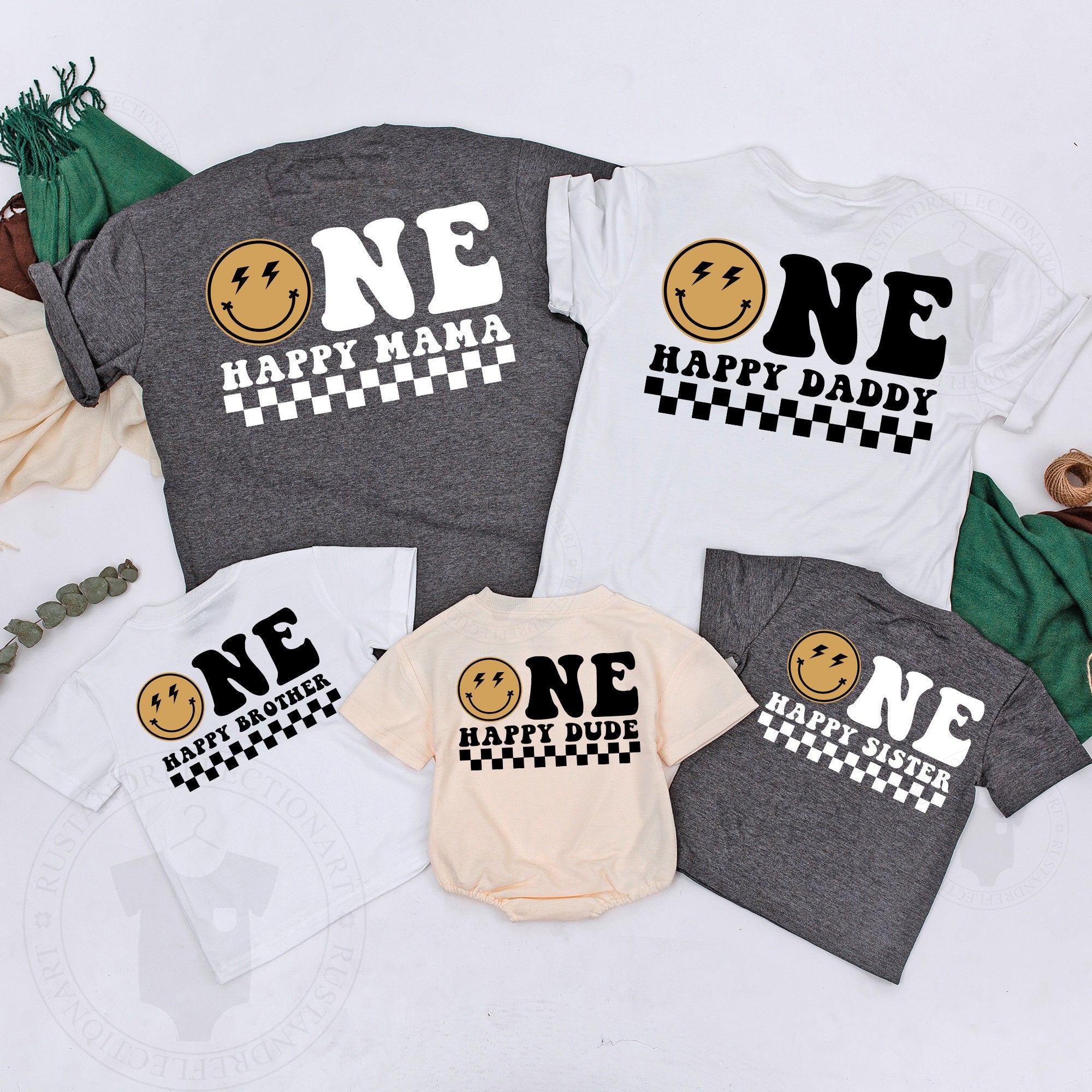 One Happy Dude Smiley Face Matching Birthday Outfit Retro Style Baby Romper Cotton Family Gift First Birthday Celebration