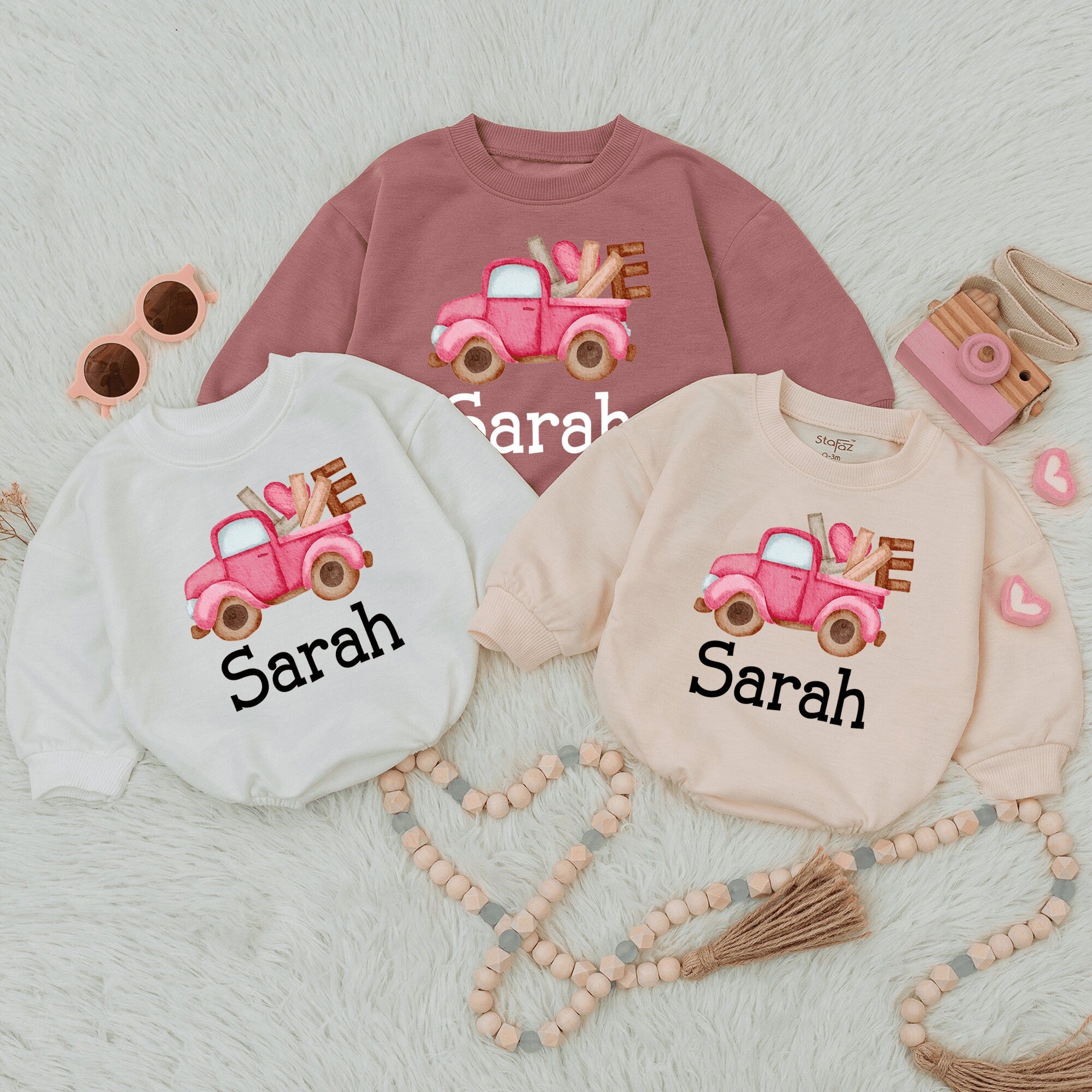 Charming Pink Truck Baby Romper with Heart Design Personalized Infant Outfit for Baby Girl Valentine's Day Celebration
