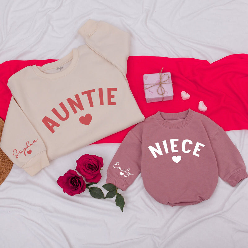 Personalized Auntie and Niece Sweatshirts with Names and Heart Design Custom Family Matching Valentine's Day or Mother's Day Gift