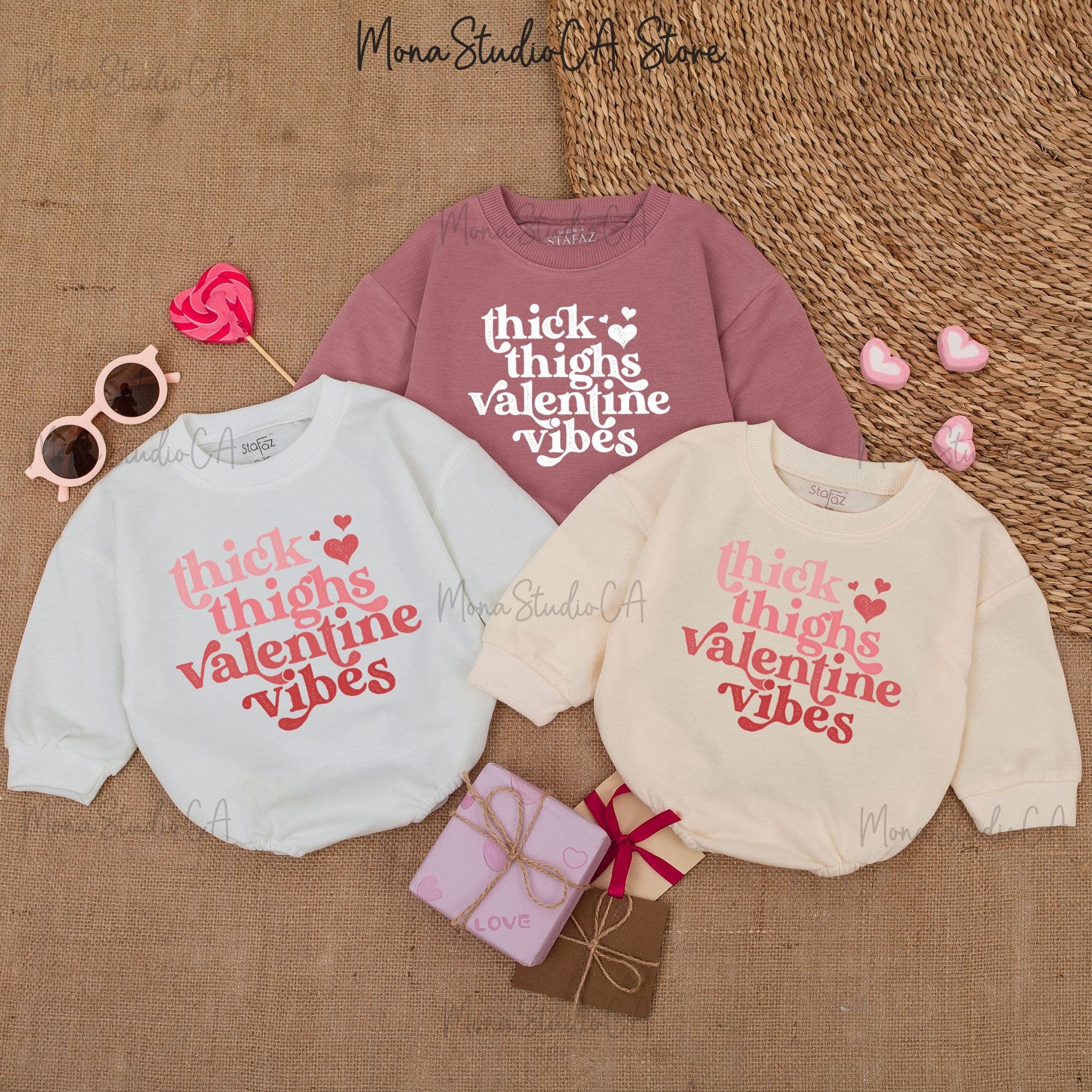 Thick Thighs Valentine Vibes Baby Romper Cute Girls Outfit First Valentine's Day Bodysuit Soft Cotton Red Pink Hearts Fun Theme