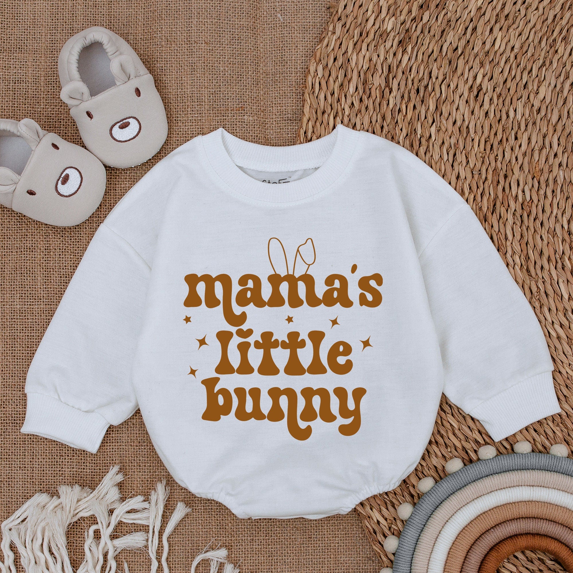 Mama's Little Bunny Romper Cute Baby Outfit with Bunny Ears and Stars Soft Cotton Birthday Easter Newborn Baby Clothing Gift