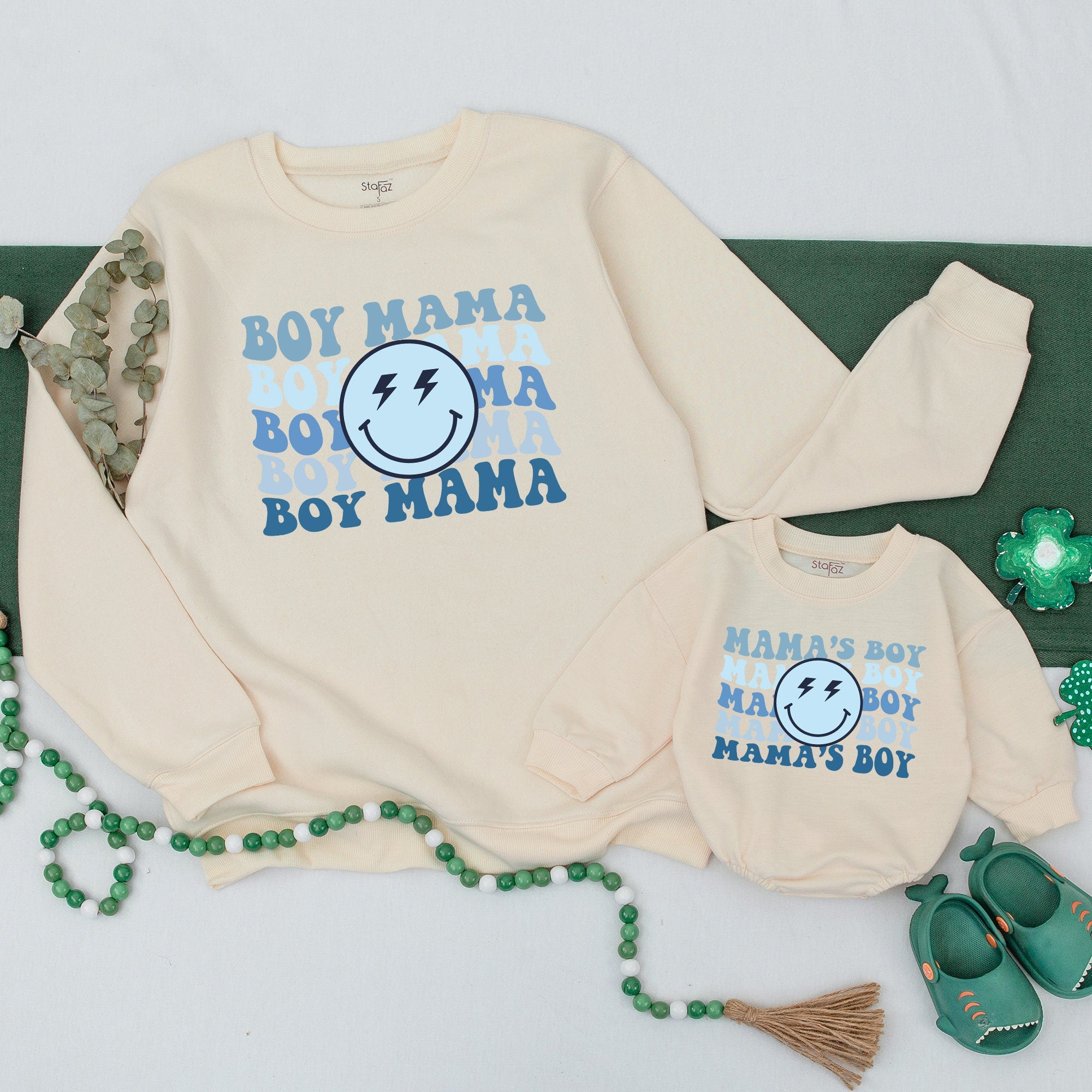 Personalized Boy Mama Sweatshirt Retro Blue Design Custom Mom and Me Gift Baby Shower Smiley Face Vintage 70s Style Cotton Soft Top