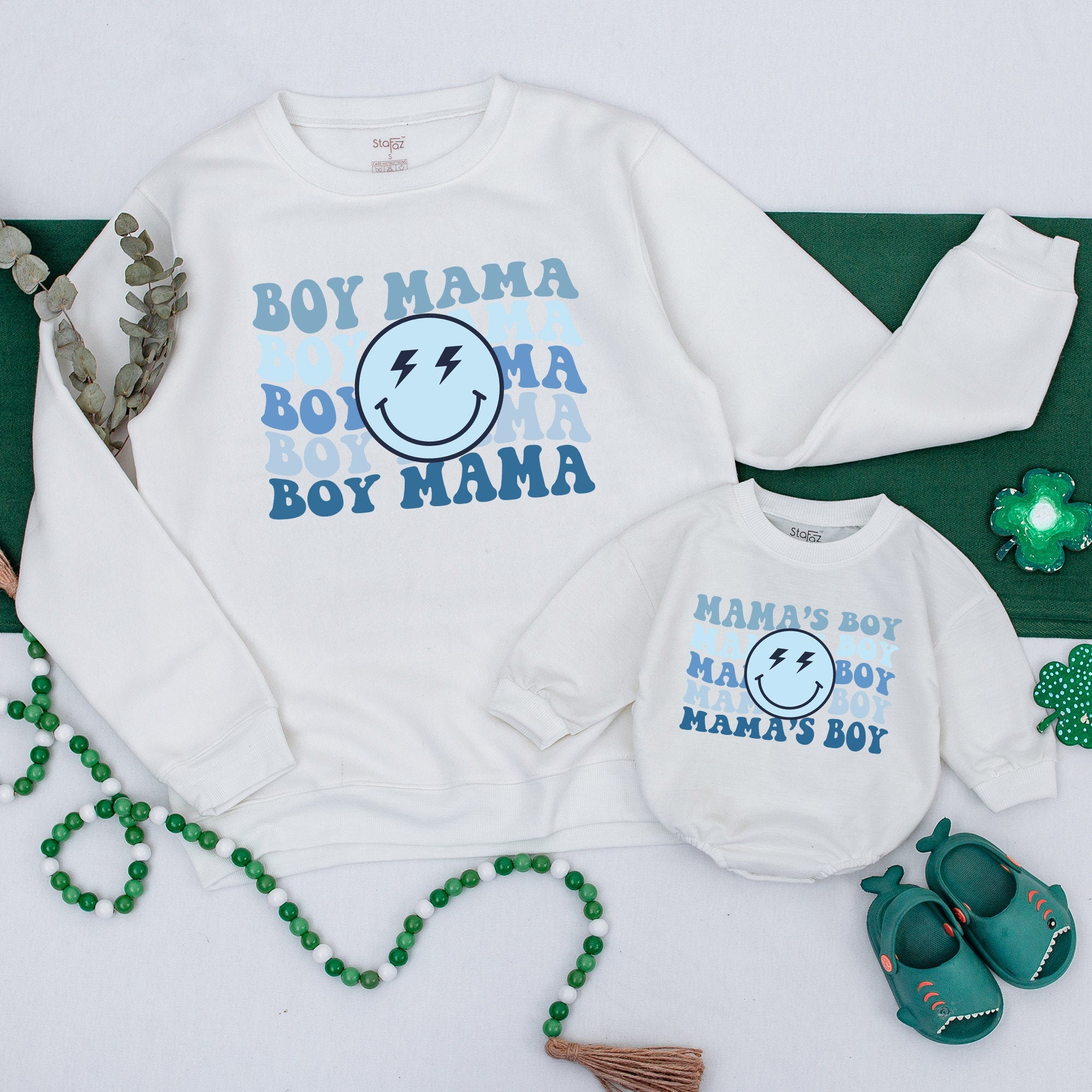 Personalized Boy Mama Sweatshirt Retro Blue Design Custom Mom and Me Gift Baby Shower Smiley Face Vintage 70s Style Cotton Soft Top