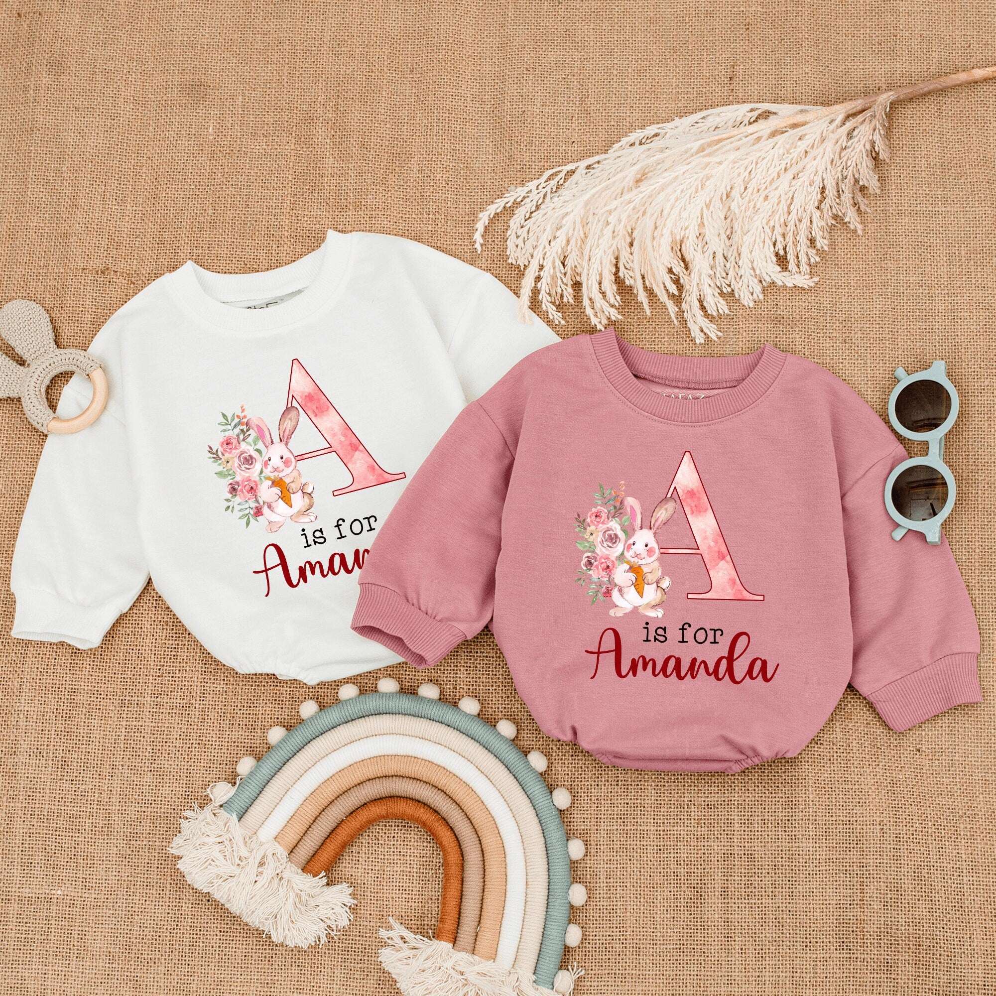 Personalized Floral Pink Rabbit Baby Romper for Girls New Baby Gift Amanda Custom Easter Outfit Soft Cotton Infant Coming Home Clothes