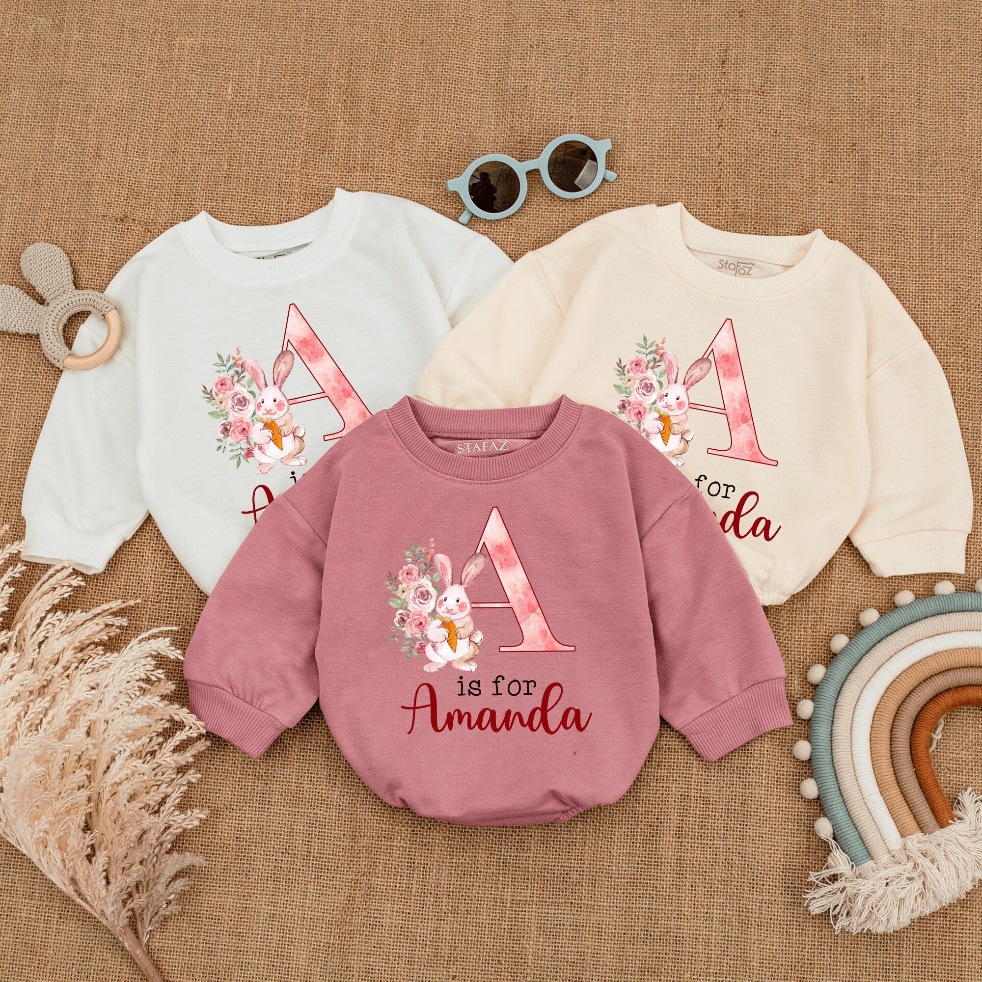 Personalized Floral Pink Rabbit Baby Romper for Girls New Baby Gift Amanda Custom Easter Outfit Soft Cotton Infant Coming Home Clothes