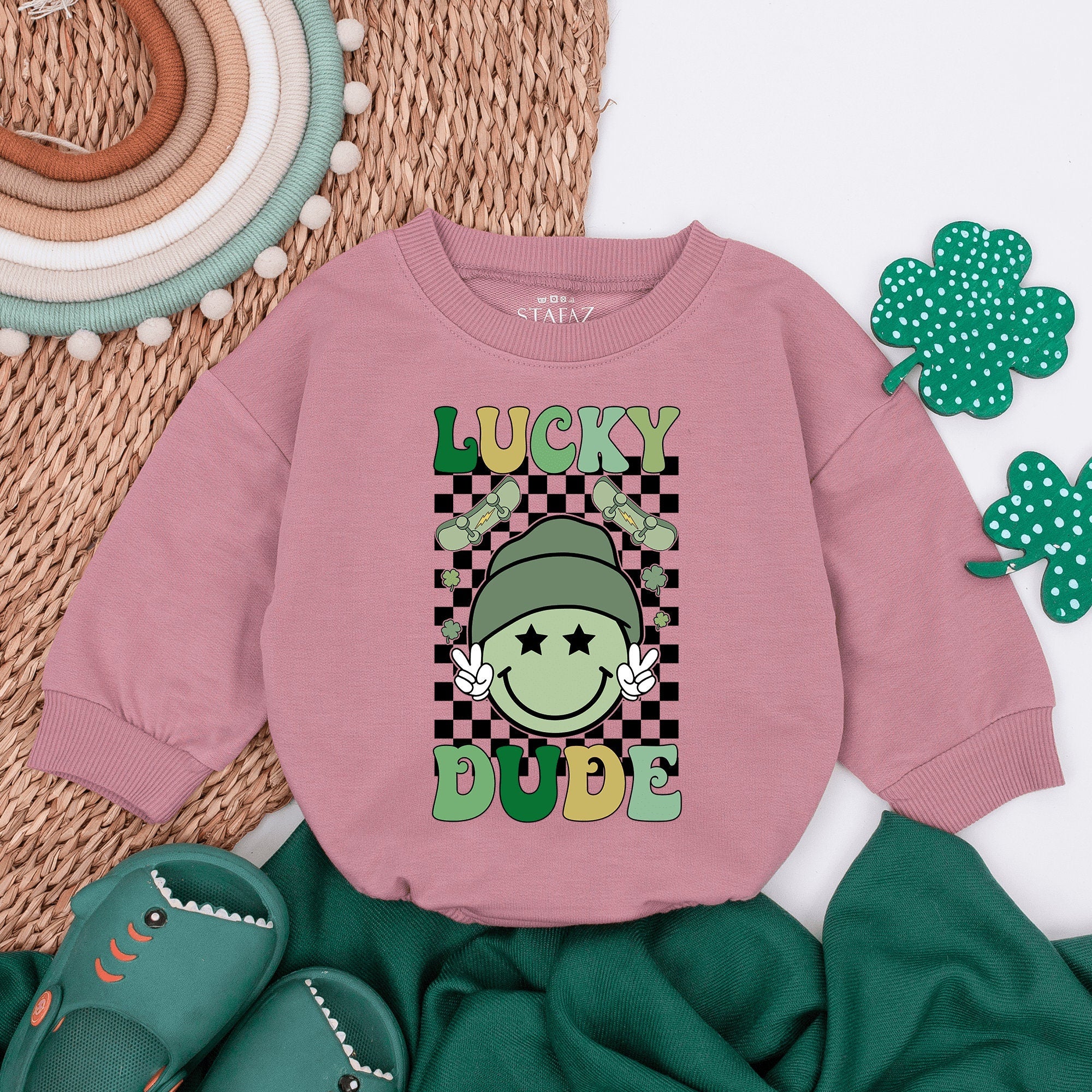 Lucky Dude Baby Romper with Smiley Face Beanie St Patrick's Day Outfit Kids Shirt Fun Green Yellow Design Checkered Pattern Cotton Soft