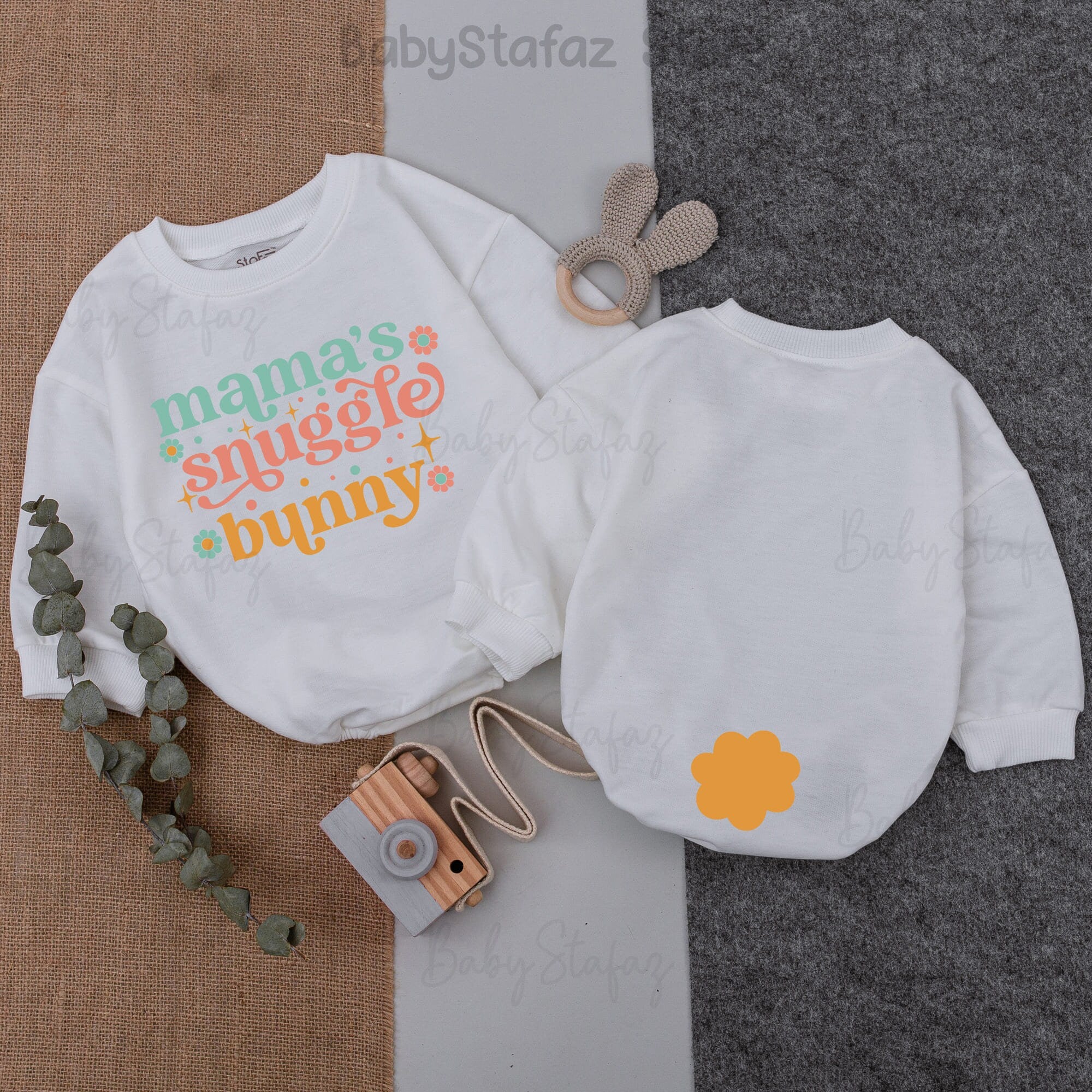 Mama's Snuggle Bunny Baby Romper Easter Outfit with Daisies Pastel Teal Yellow Design Infant Newborn Soft Cotton Gift for Baby Shower