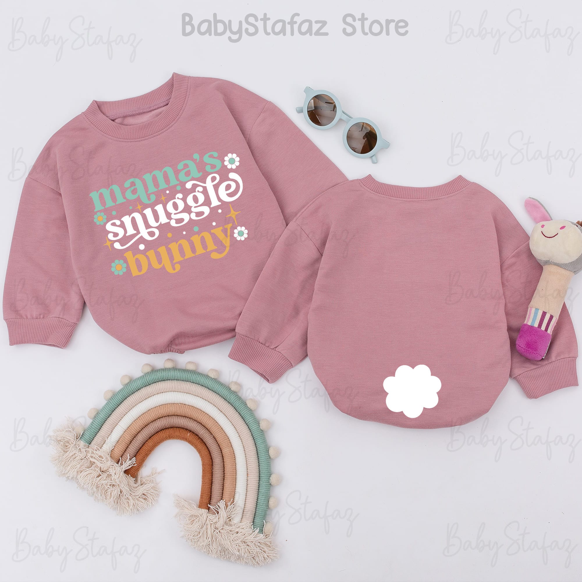 Mama's Snuggle Bunny Baby Romper Easter Outfit with Daisies Pastel Teal Yellow Design Infant Newborn Soft Cotton Gift for Baby Shower
