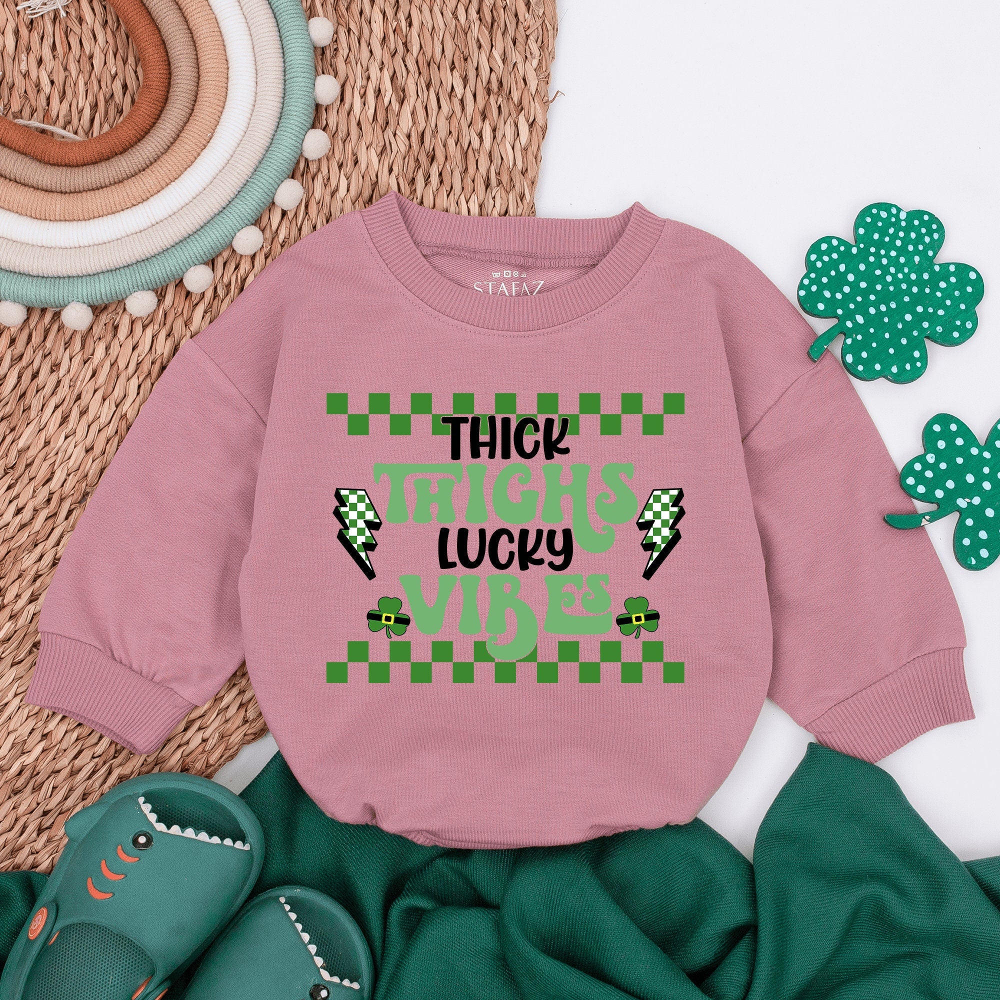 Thick Thighs Lucky Vibes Baby Romper St. Patrick's Day Outfit Infant Clothes Cotton Soft Newborn Gift Green Shamrock Design