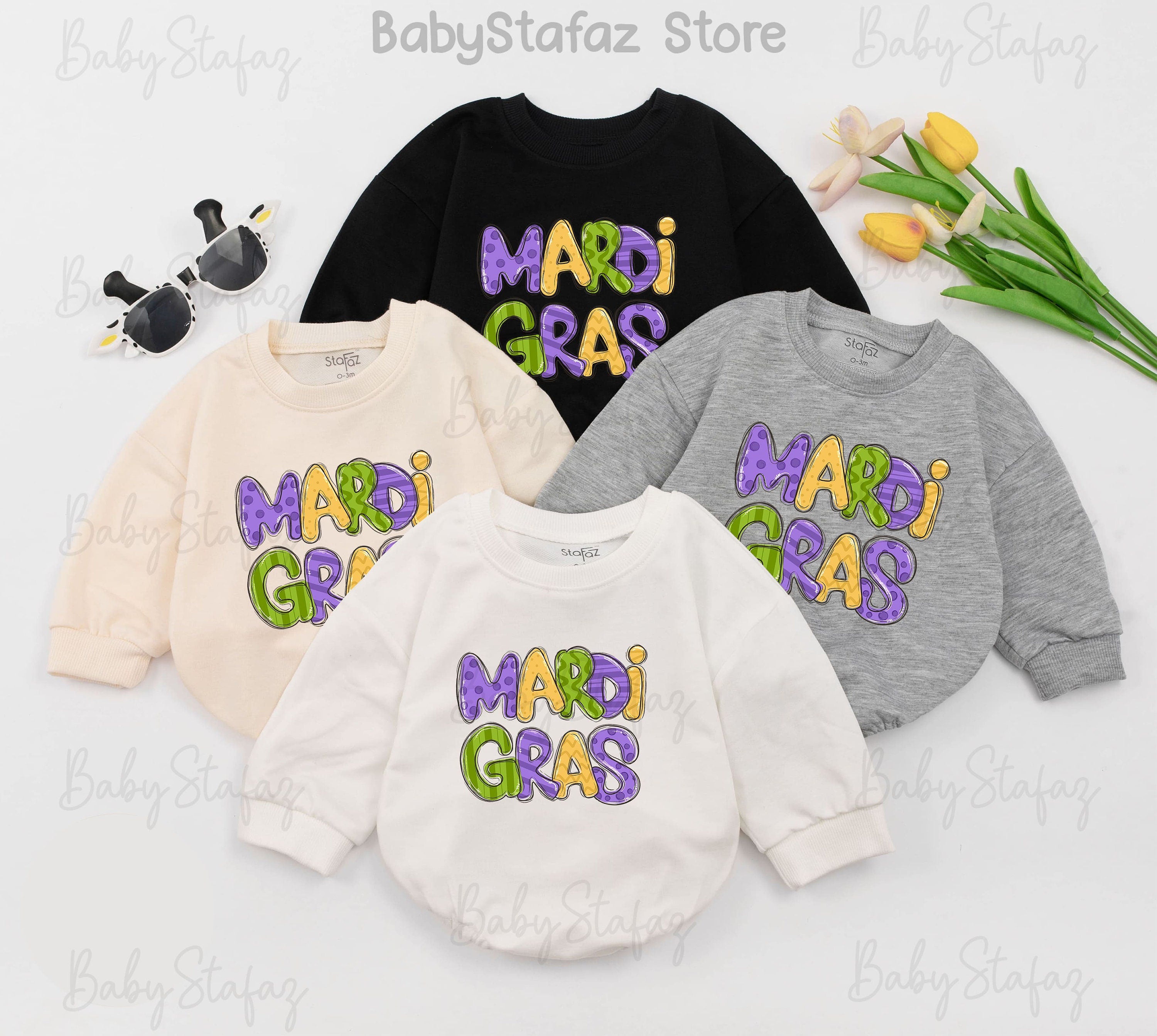 Vibrant Mardi Gras Baby Romper for Girls Festive Outfit with Bold Playful Letters Perfect for Parade or Baby Shower