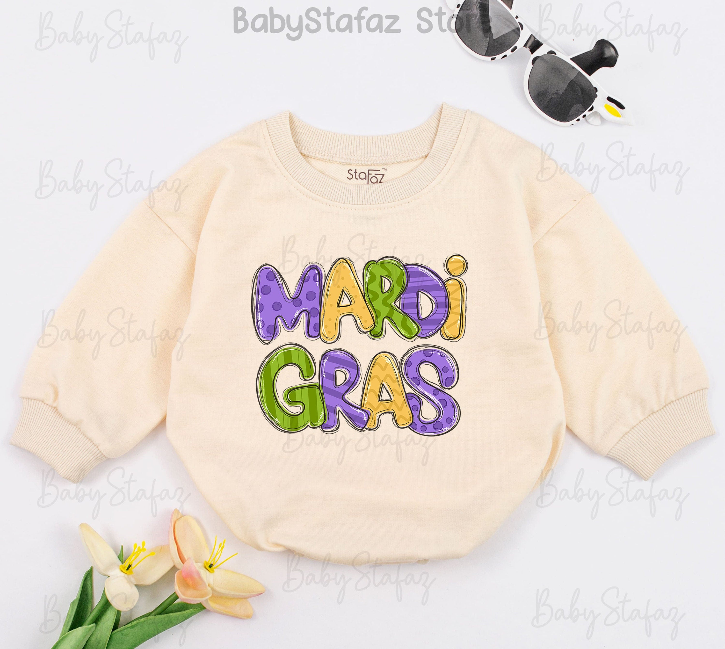 Vibrant Mardi Gras Baby Romper for Girls Festive Outfit with Bold Playful Letters Perfect for Parade or Baby Shower
