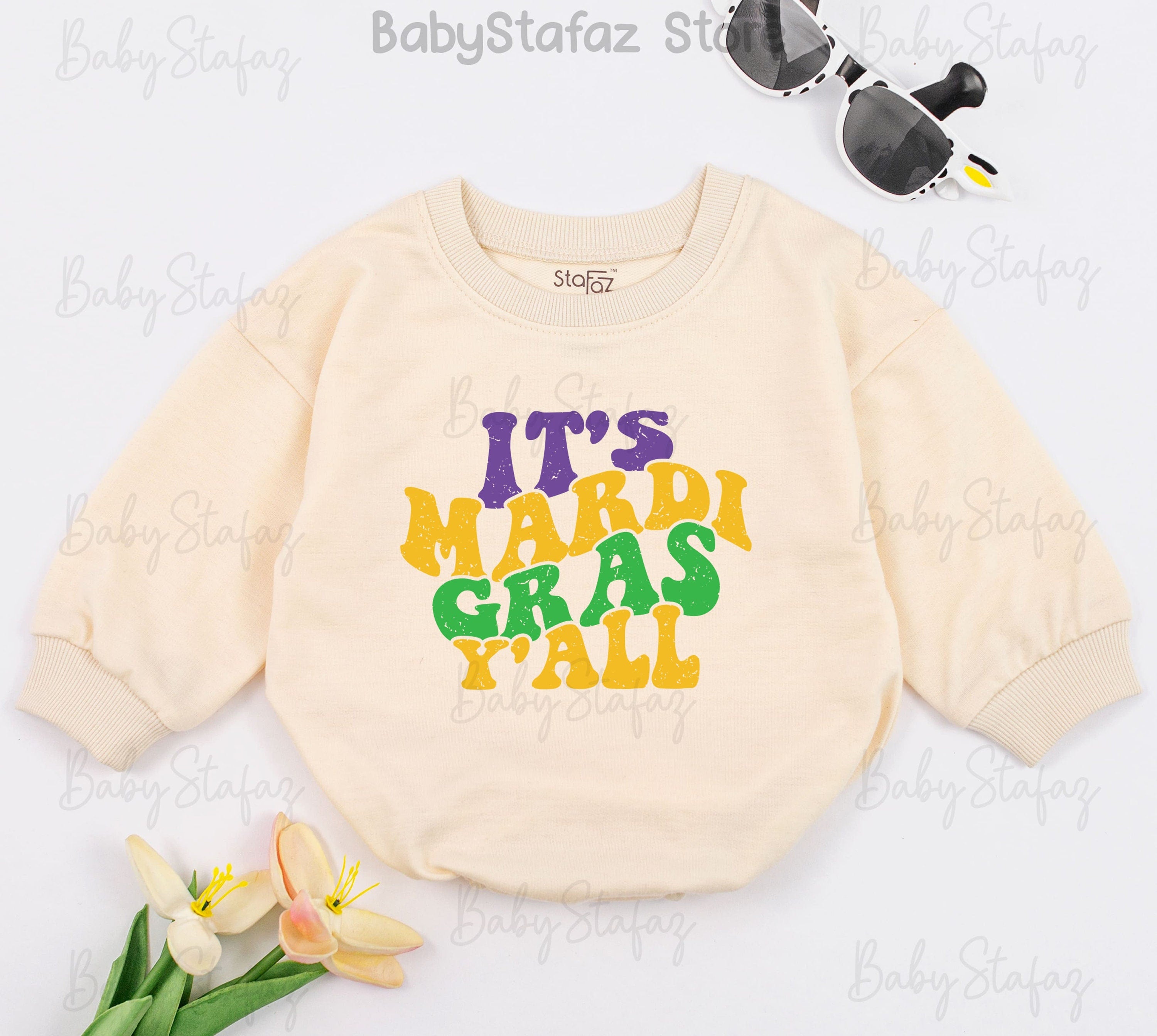 Vibrant It's Mardi Gras Y'all Baby Romper First Mardi Gras Outfit Soft Cotton Fun Colors Holiday Parade Apparel Perfect Shower Gift