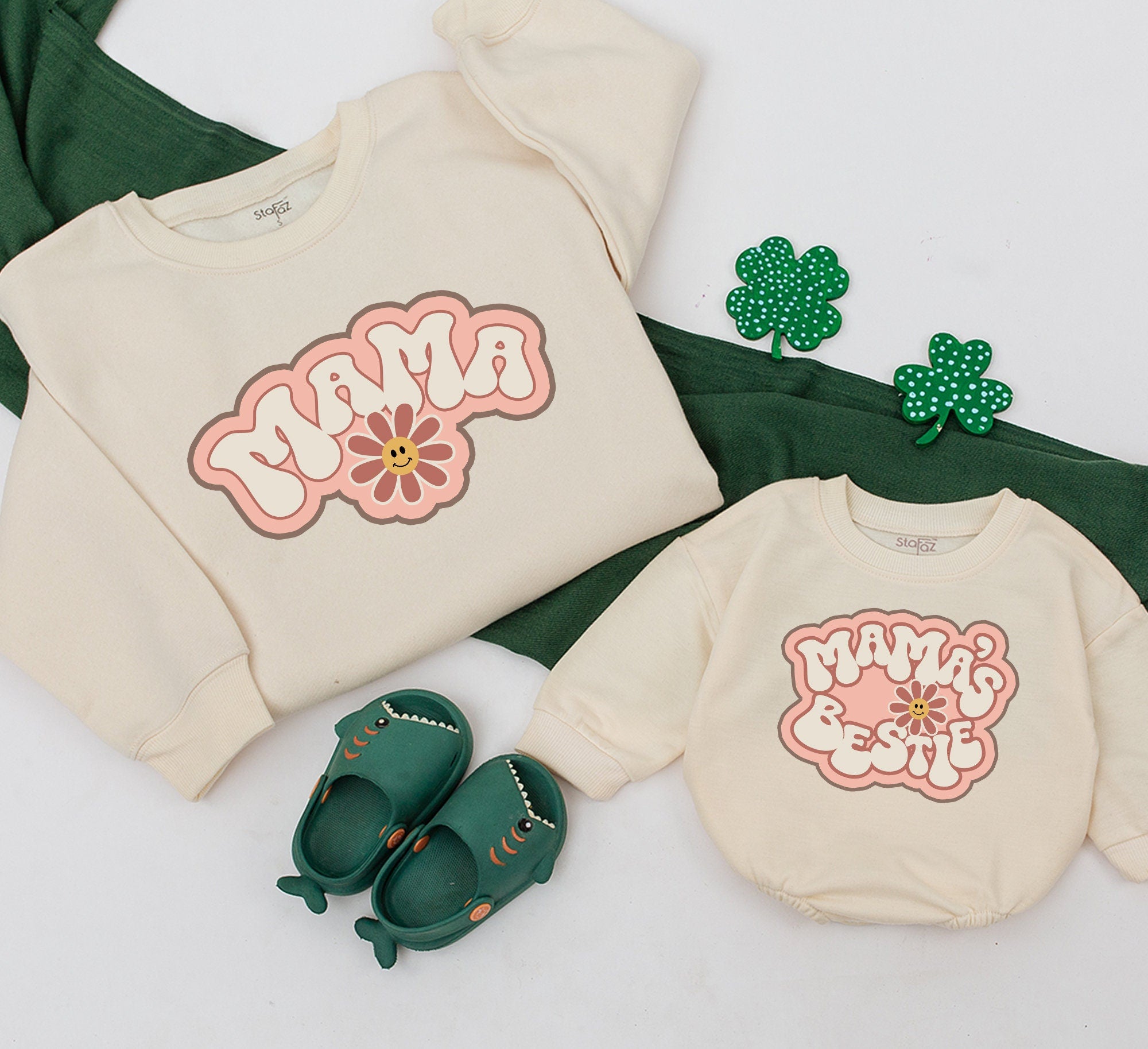 Personalized Mama and Me Retro Sweatshirts Groovy Flower Design Matching Mother Daughter Pink Nostalgic Gift Cotton Soft Comfort