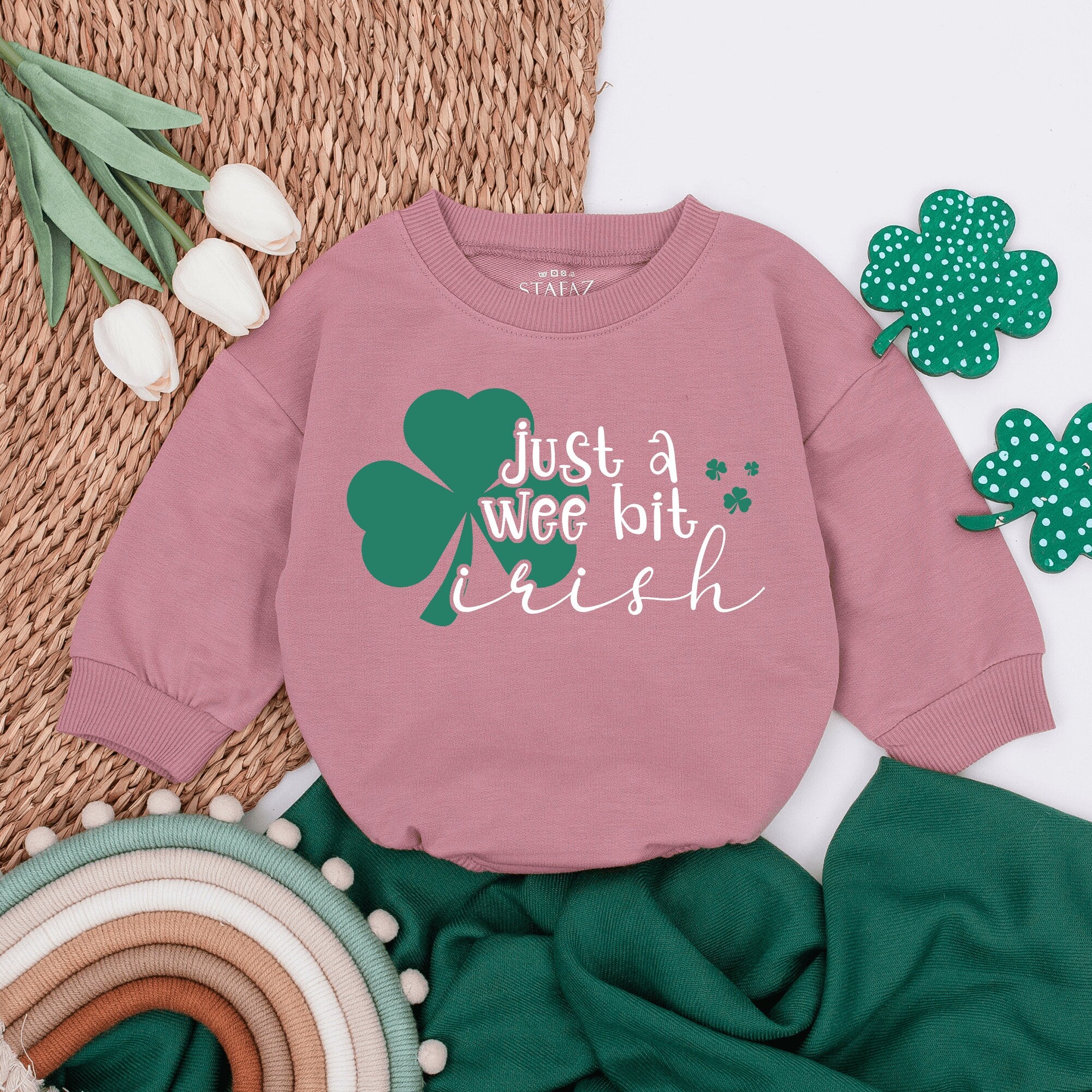 Just a Wee Bit Irish Baby Romper with Shamrock Design Soft Cotton Vintage Boho Infant Bodysuit St Patrick's Day Outfit for Baby Girl Boy