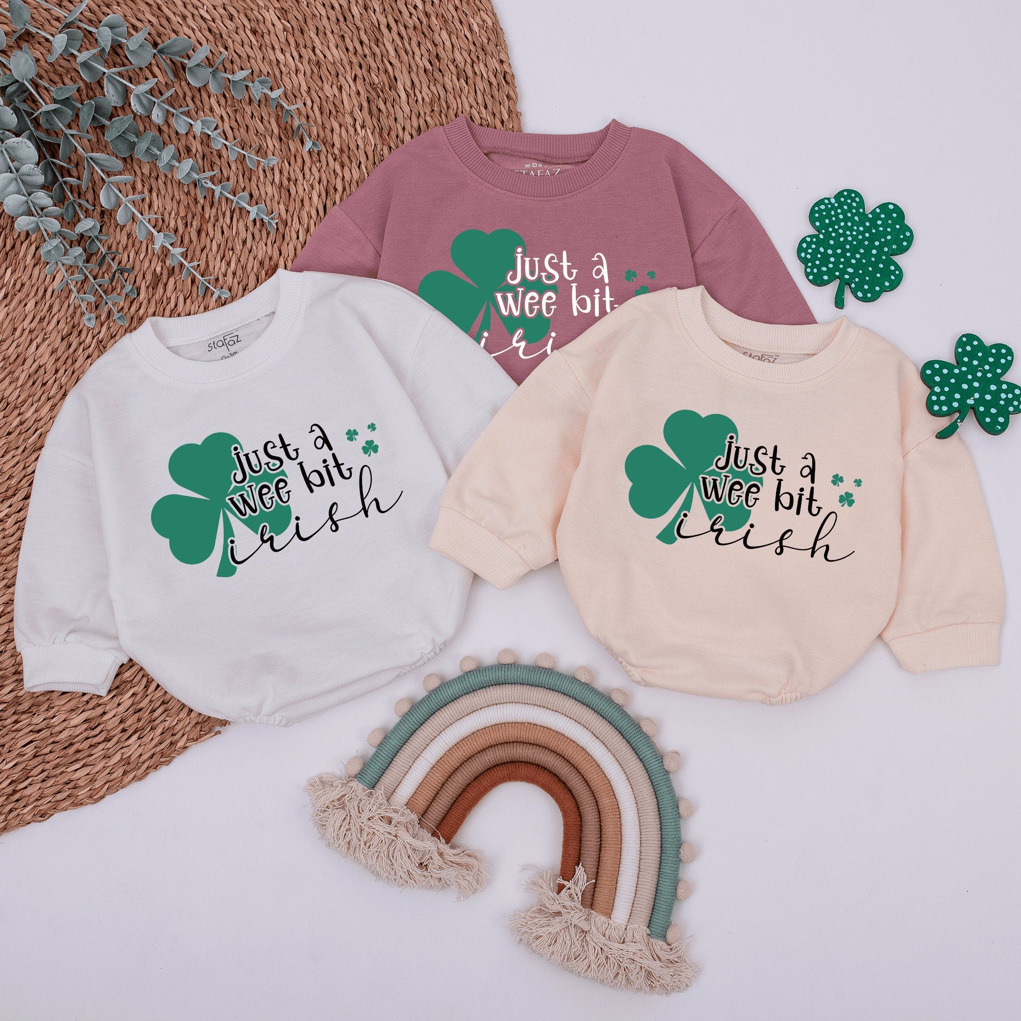Just a Wee Bit Irish Baby Romper with Shamrock Design Soft Cotton Vintage Boho Infant Bodysuit St Patrick's Day Outfit for Baby Girl Boy