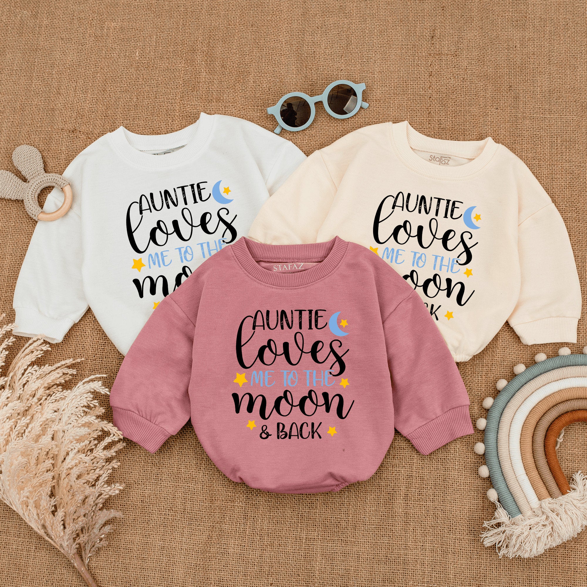Auntie Loves Me To The Moon & Back Baby Romper Cute Infant Bodysuit for Girls Boys Soft Cotton Playful Design with Stars and Crescent Moon