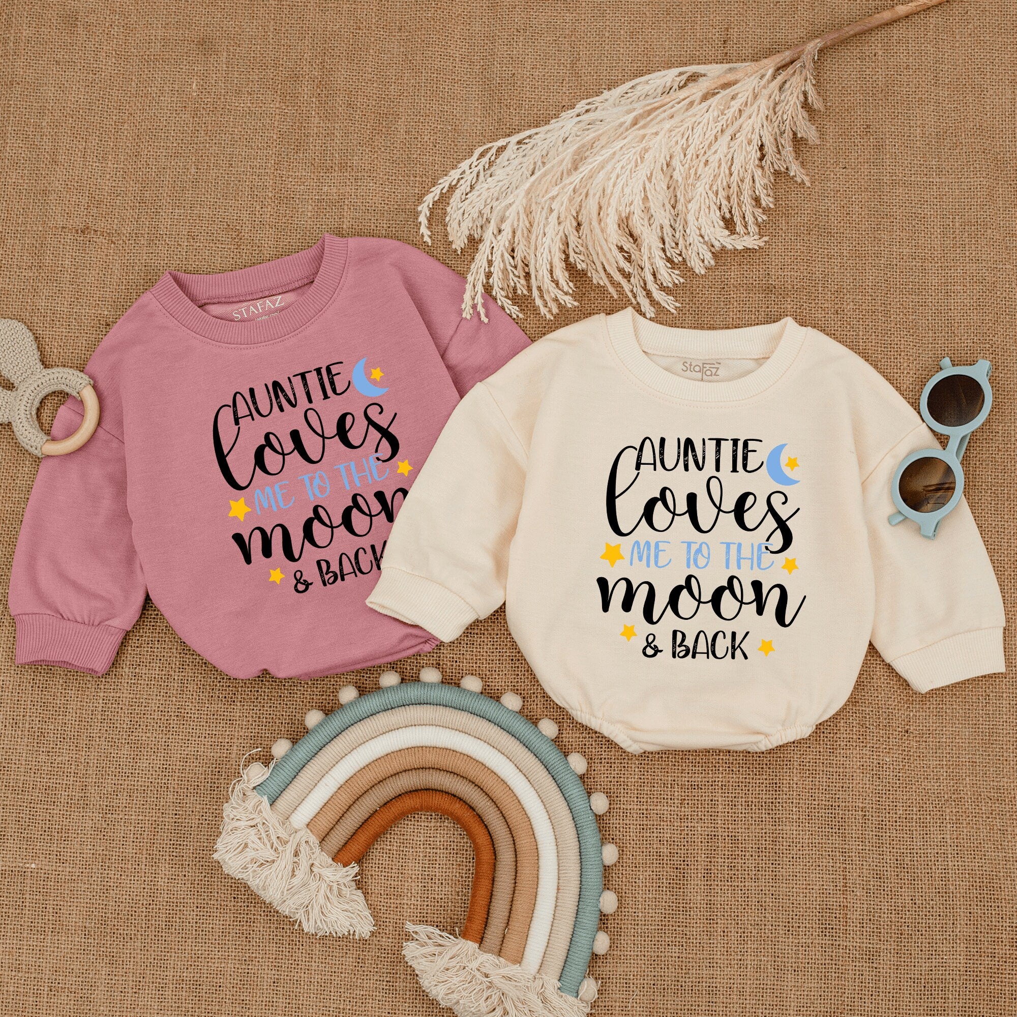Auntie Loves Me To The Moon & Back Baby Romper Cute Infant Bodysuit for Girls Boys Soft Cotton Playful Design with Stars and Crescent Moon
