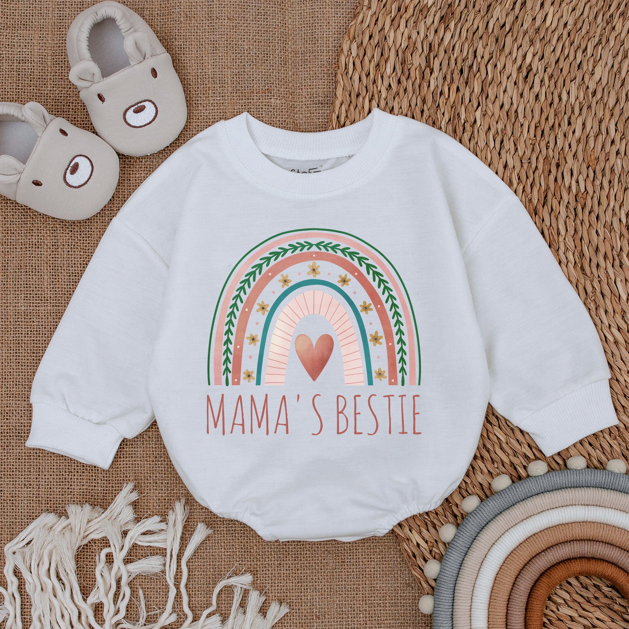 Mama's Bestie Baby Bodysuit with Rainbow Heart and Stars Soft Cotton Newborn Romper Birthday Mother's Day Outfit Infant Toddler Girl