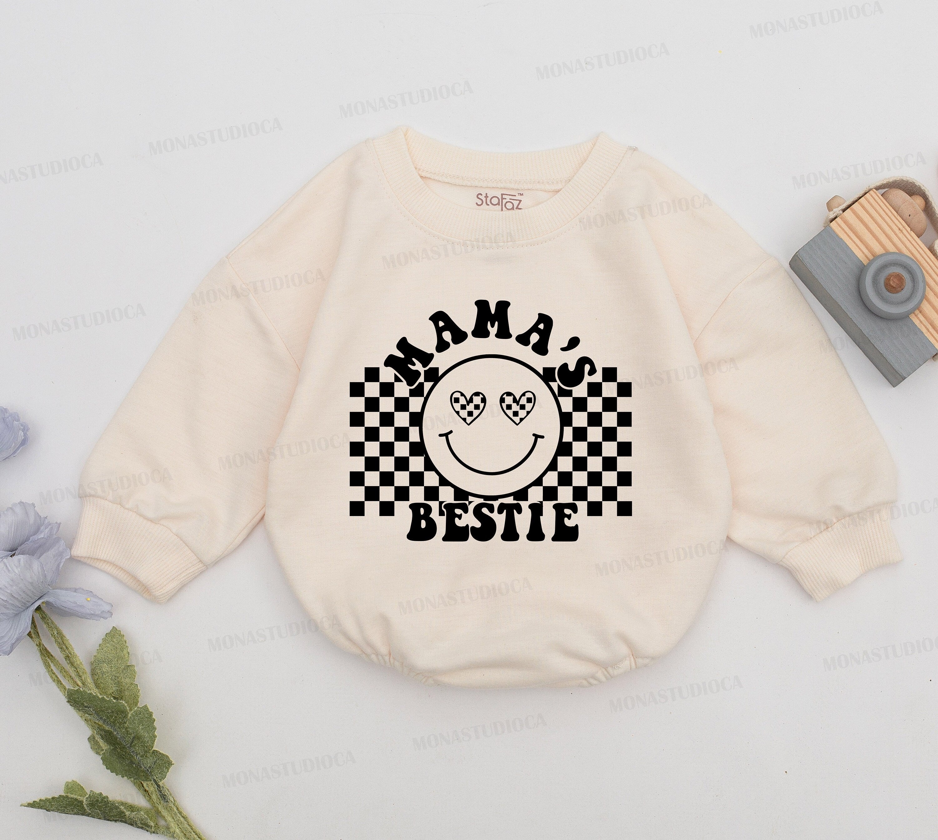 Mama's Bestie Baby Romper Retro Style with Smiling Face Heart Eyes Infant Girl Outfit Mother's Day Gift Newborn Cotton Soft Clothing