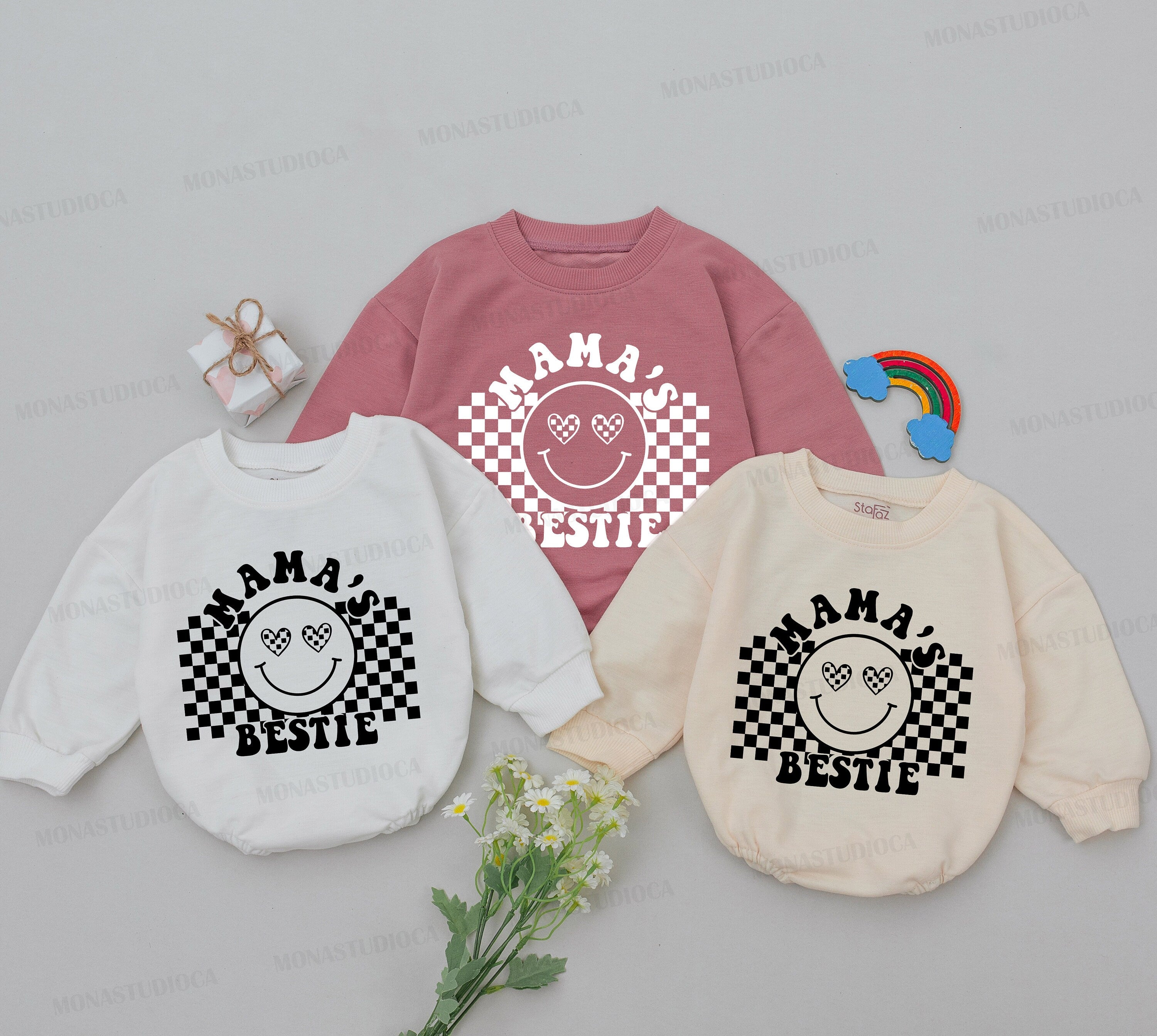 Mama's Bestie Baby Romper Retro Style with Smiling Face Heart Eyes Infant Girl Outfit Mother's Day Gift Newborn Cotton Soft Clothing