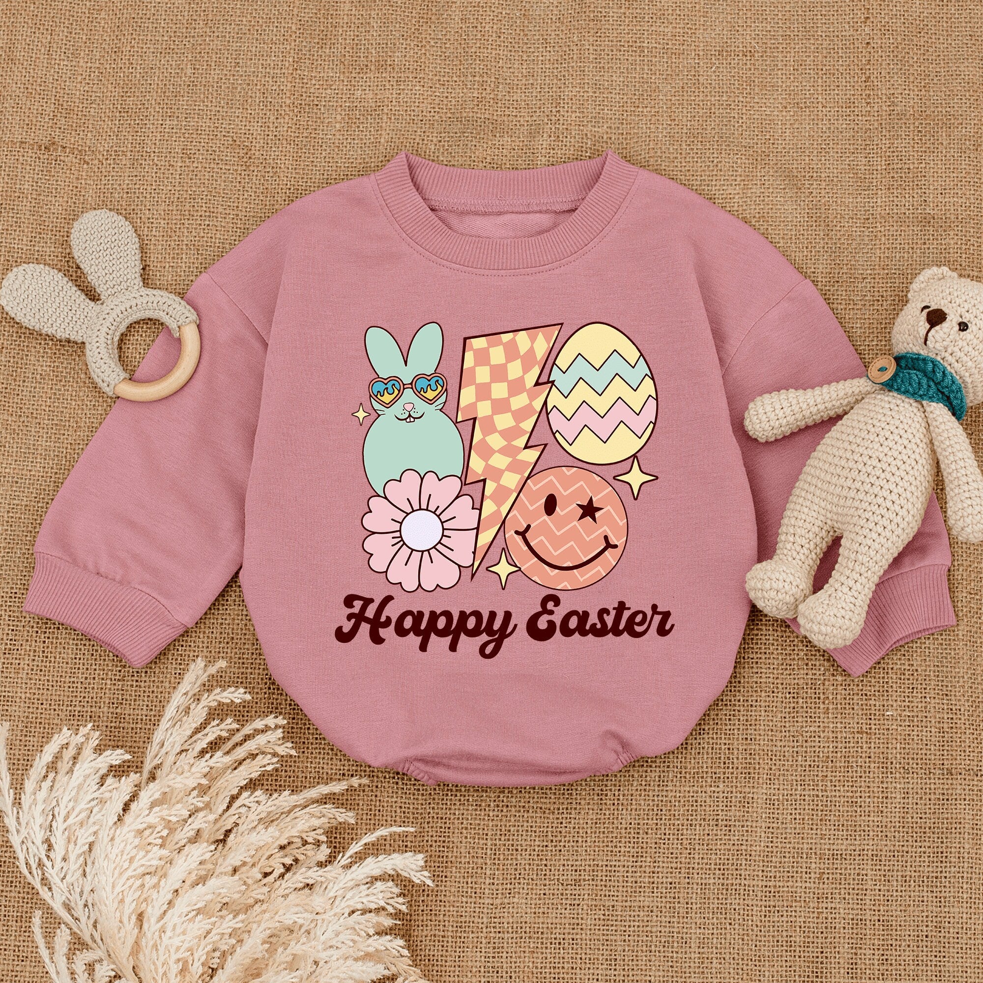 Happy Easter Baby Romper with Bunny and Eggs