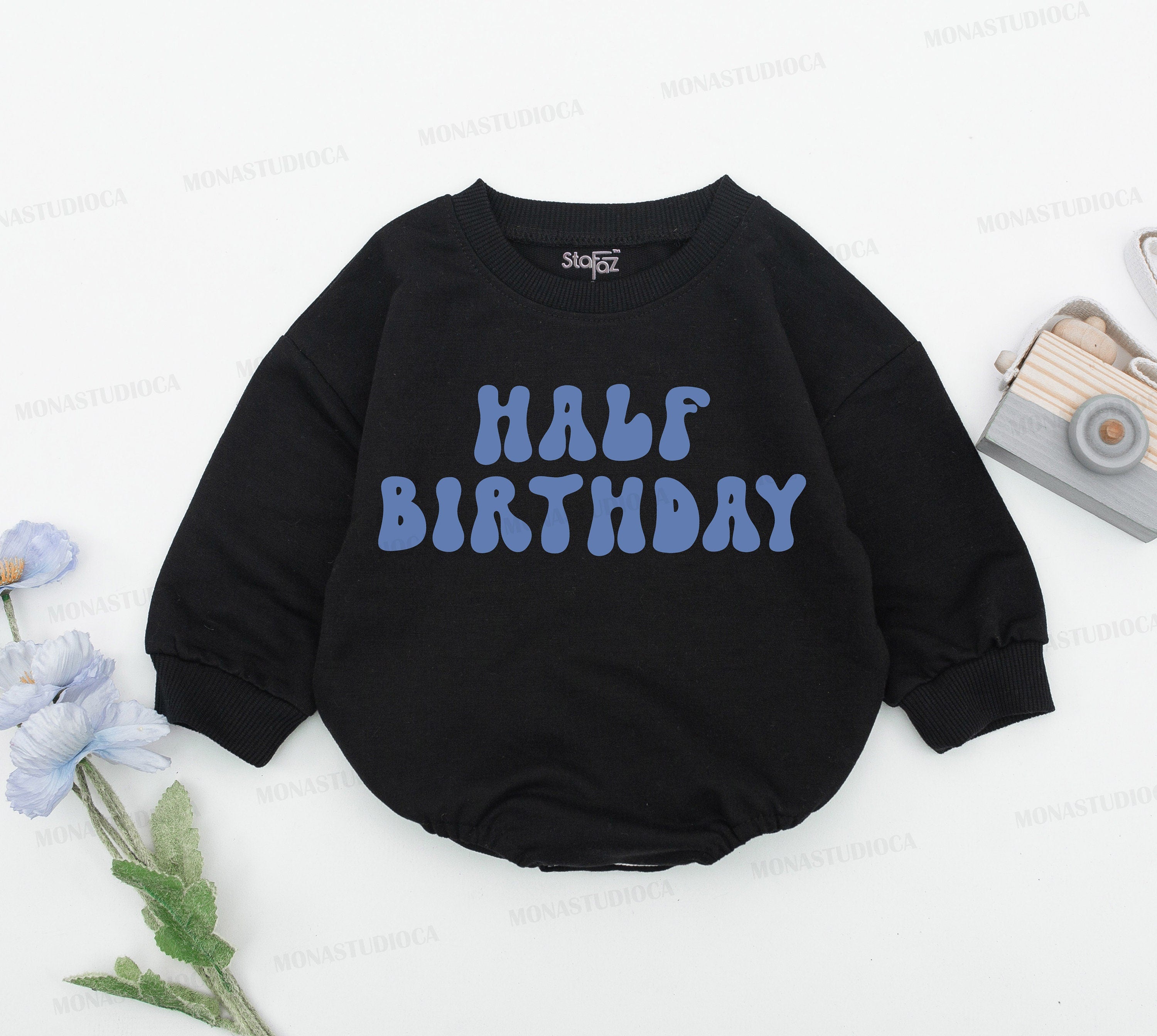 Half Birthday Baby Boy Romper in Soft Blue Rounded Font Natural Cotton Outfit for 6 Months Celebration Cute Newborn Clothes Gift