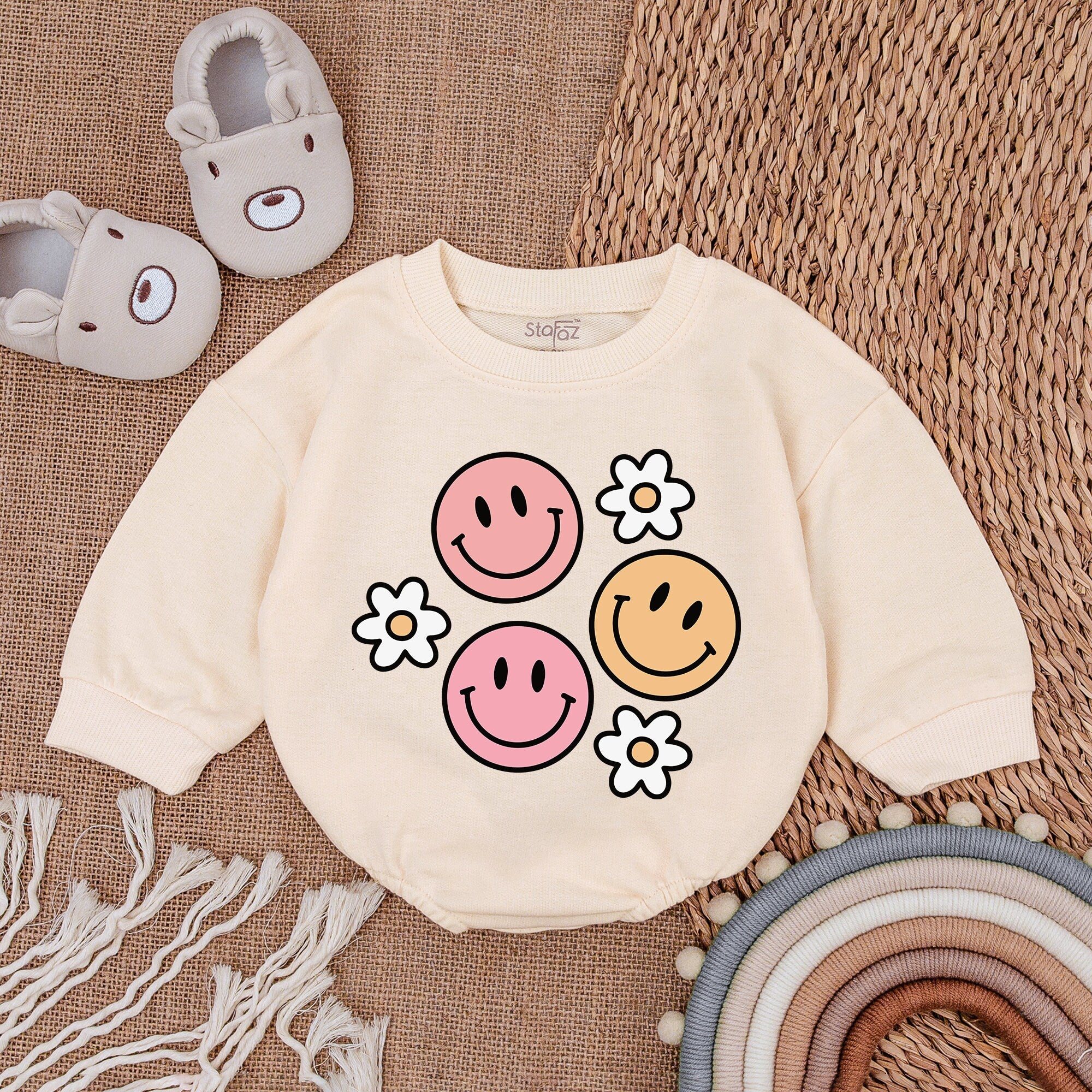 Groovy Smiley Faces Romper for Baby Girls Birthday Outfit Retro Style Flowers Cotton Soft Comfortable Party Wear