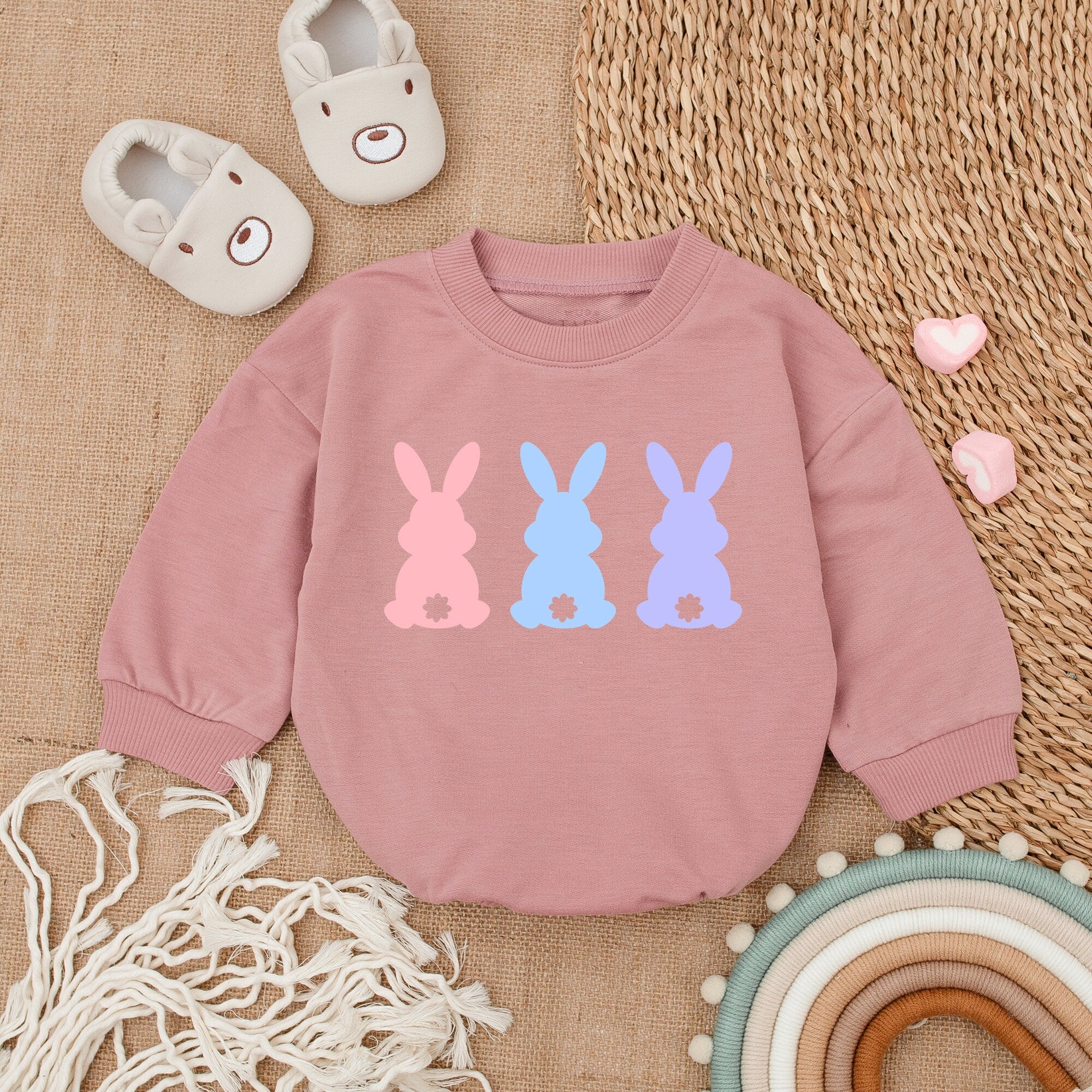 Squad Bunny Baby Boy Easter Outfit Sweatshirt Romper Pastel Pink Blue Minimalist Bunny Design Newborn Infant Cotton Casual Wear