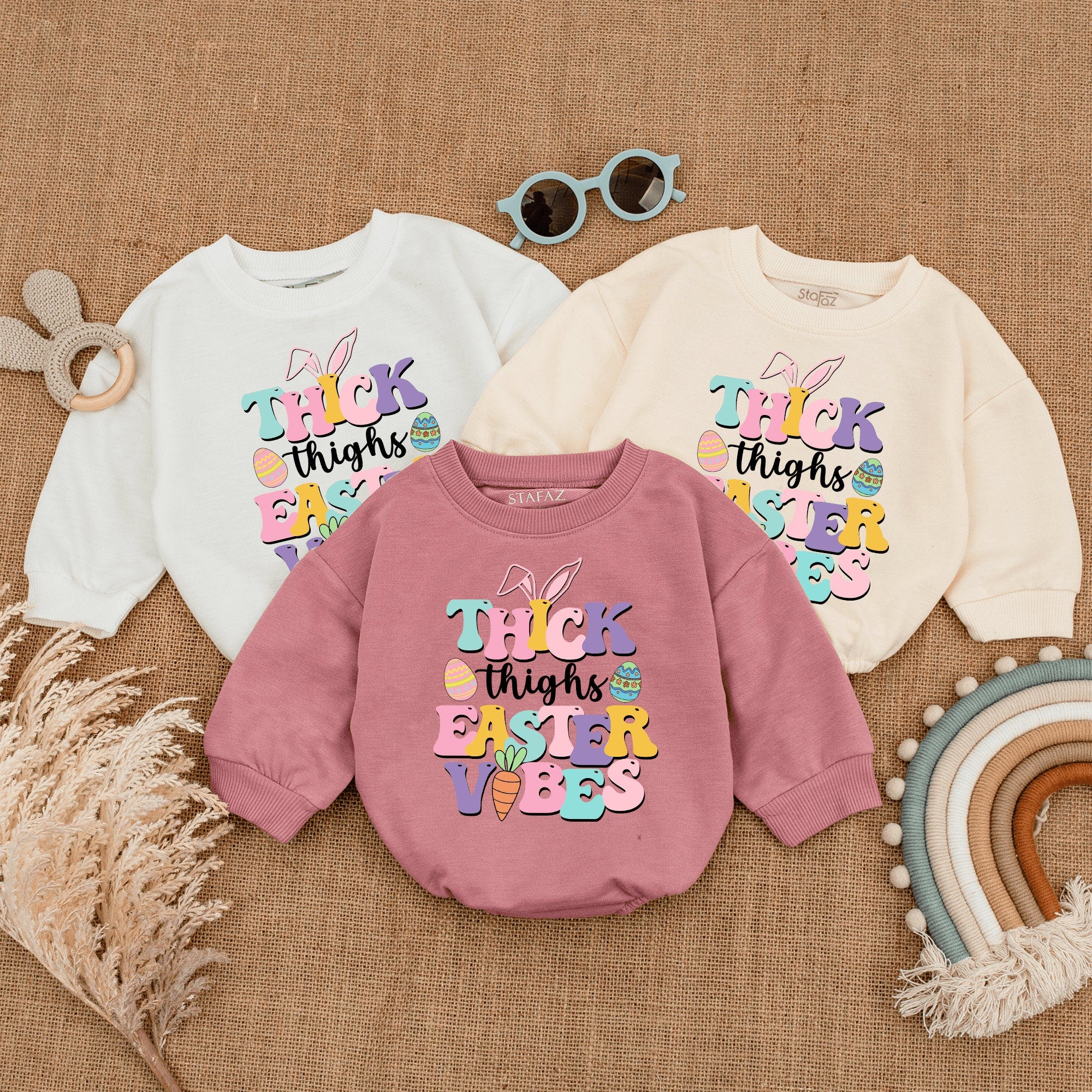 Thick Thighs Easter Vibes Baby Romper Cute First Easter Outfit Bunny Toddler Shirt Fun Pastel Colors Soft Cotton Playful Gift
