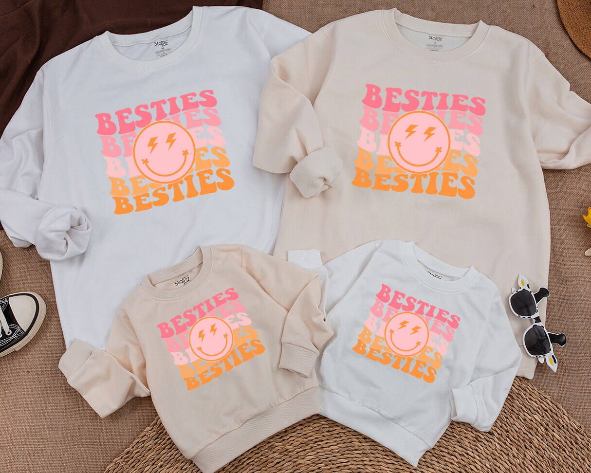 Besties Toddler and Infant Sweatshirt with Retro Smiley Matching Family Outfit for Baby Girls and Boys Soft Cotton Fun Birthday Gift