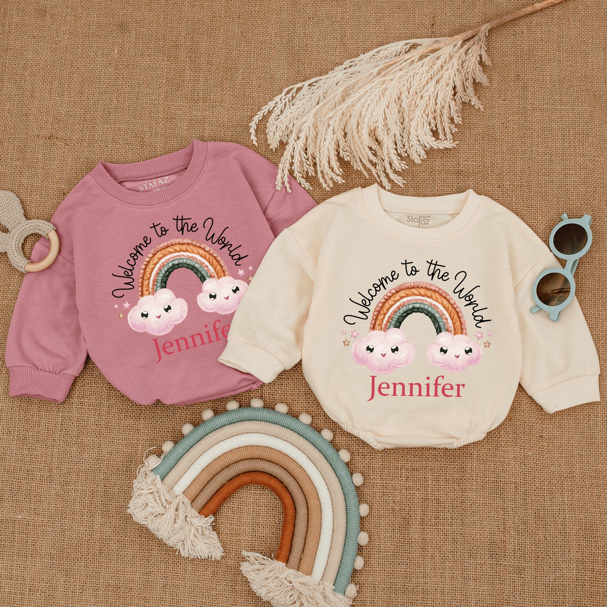 Personalized Welcome to the World Baby Romper with Rainbow and Smiling Clouds Design New Girl Gift Soft Pastel Colors Cotton Outfit