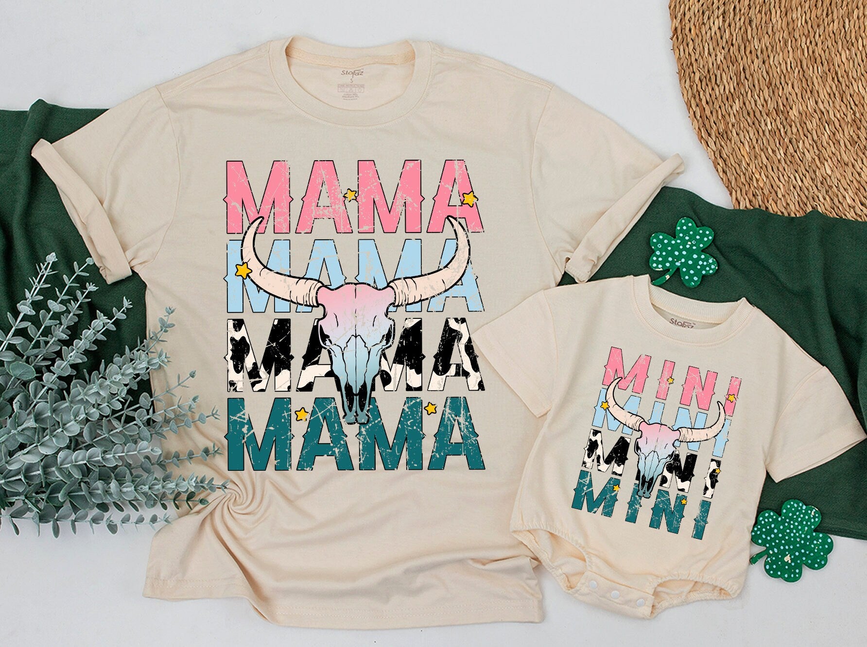 Matching Mama and Mini Western T-Shirts Vibrant Cow Skull Design Leopard Print Retro Style Mom Baby Outfit Soft Cotton Gift