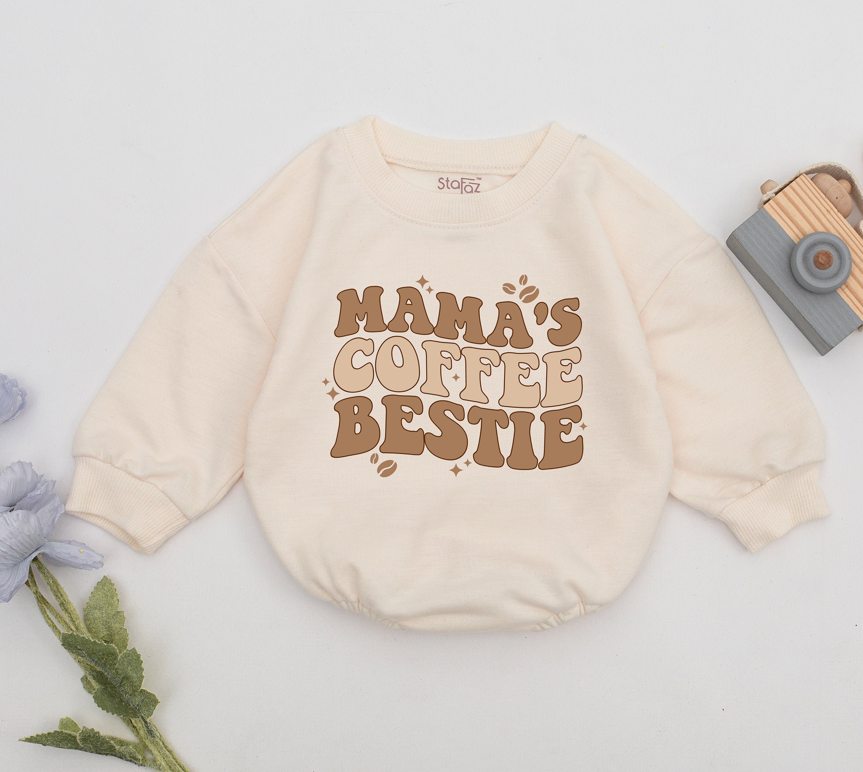 Mama's Coffee Bestie Retro Romper for Baby Girl Cozy Brown Design Mother's Day Gift Newborn Outfit with Stars and Sparkles