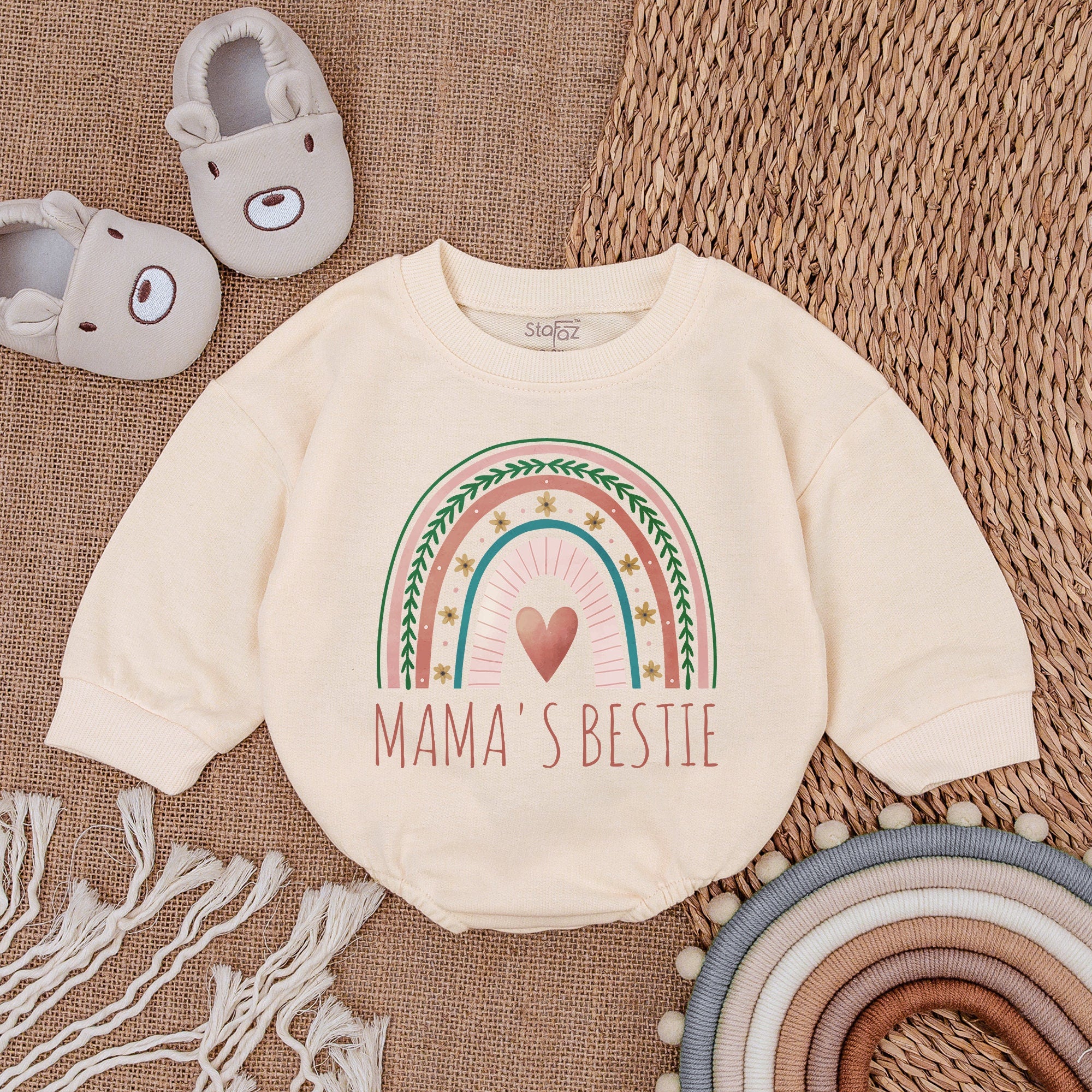 Mama's Bestie Baby Bodysuit with Rainbow Heart and Stars Soft Cotton Newborn Romper Birthday Mother's Day Outfit Infant Toddler Girl