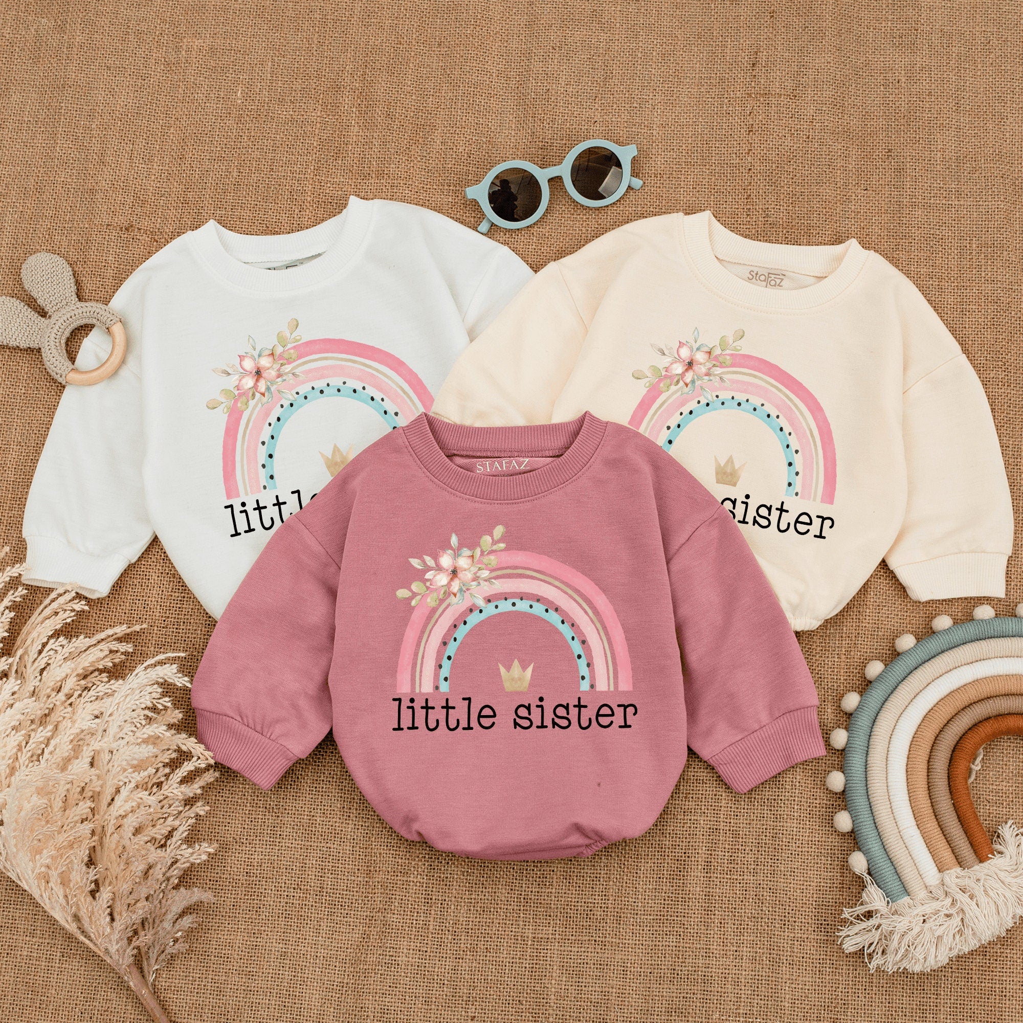 Charming Rainbow Little Sister Infant Bodysuit with Crown